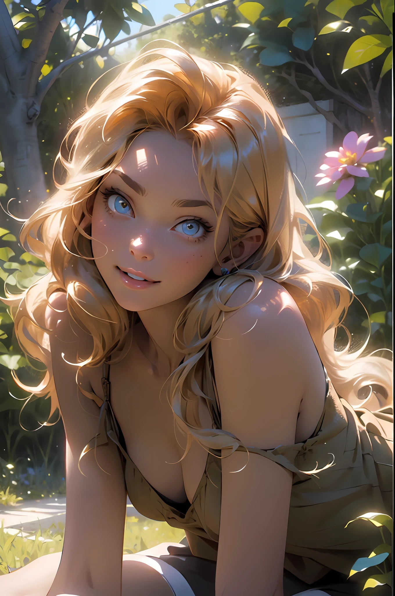 melancholy lighting, quiet, calm, brightness, masterpiece, best quality, 1girl, (JinxLol:1.2), (ultra photorealistic:1.3), (masterpiece:1.4), best quality, ((realistic)), high quality, ultra detailed, ((Real image)), ((realistic skin)), ((realistic face)),(illustration:1.05), (beautiful:1.05), (beautiful detailed eyes:1.05), (cinematic light:1.1), Full body, precise proportions, 18-year-old girl, skinny model lying on the grass, surrounding garden, tree shadow, GINGER BLONDIE hair fluttering in the wind, tulle, long legs, slightly open feet, buttocks, blush, shyness, collarbone, abdominals, double weave, beautiful and delicate face, fair skin, real skin, (face detail), pores, super high resolution, 8k, parameters Best quality, masterpiece, super high resolution, (Realistic 2.0), More details, detailed skin, transparent RED panties, wide smile, white teeth, GINGER BLONDIE hair voluminous, perfect and well designed eyes, girlfriend, beautiful, beautiful, flowers, studio lighting