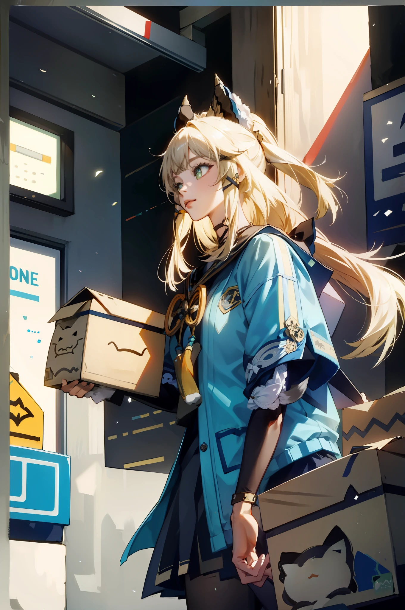 ((masterpiece)), 1 girl solo, cat ears. 2 tails, holding packages, lots of boxes, post office