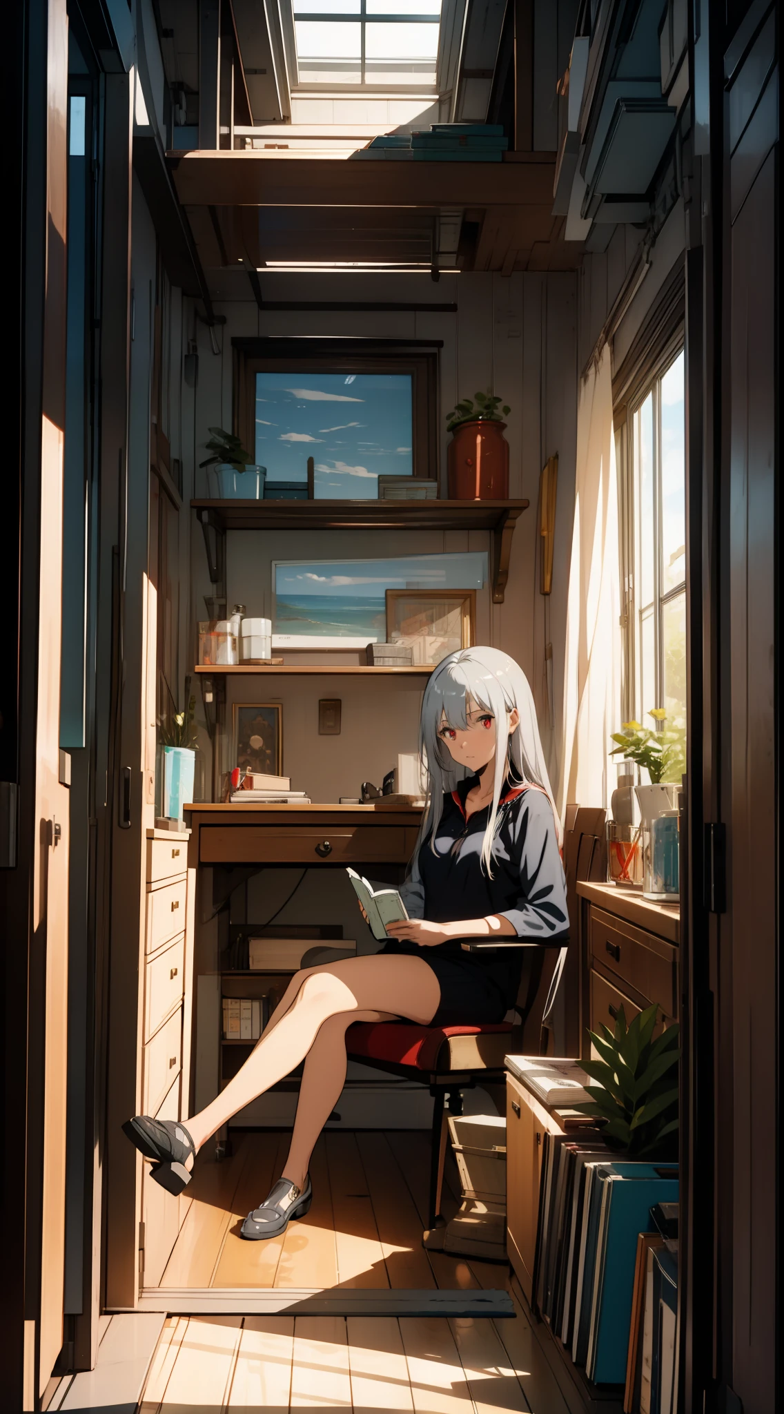 One girl, silver hair, red eyes, swimsuit, indoors, reading a book, sitting in front of desk, concept art, official art