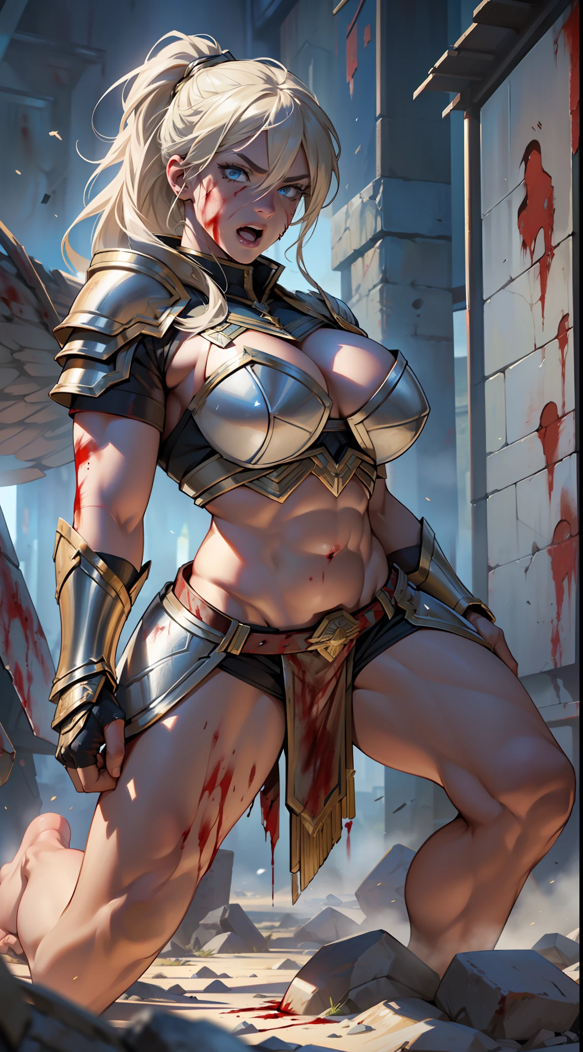 (masterpiece), best quality, an ultra-detailed (wearing valkyrie armor) and high-resolution full-body portrait muscular valkyrie warrior, characterized by his immense strength, kneeling, screaming and bloodied, (((( in the background several bodies resulting from a bloody battle))).
