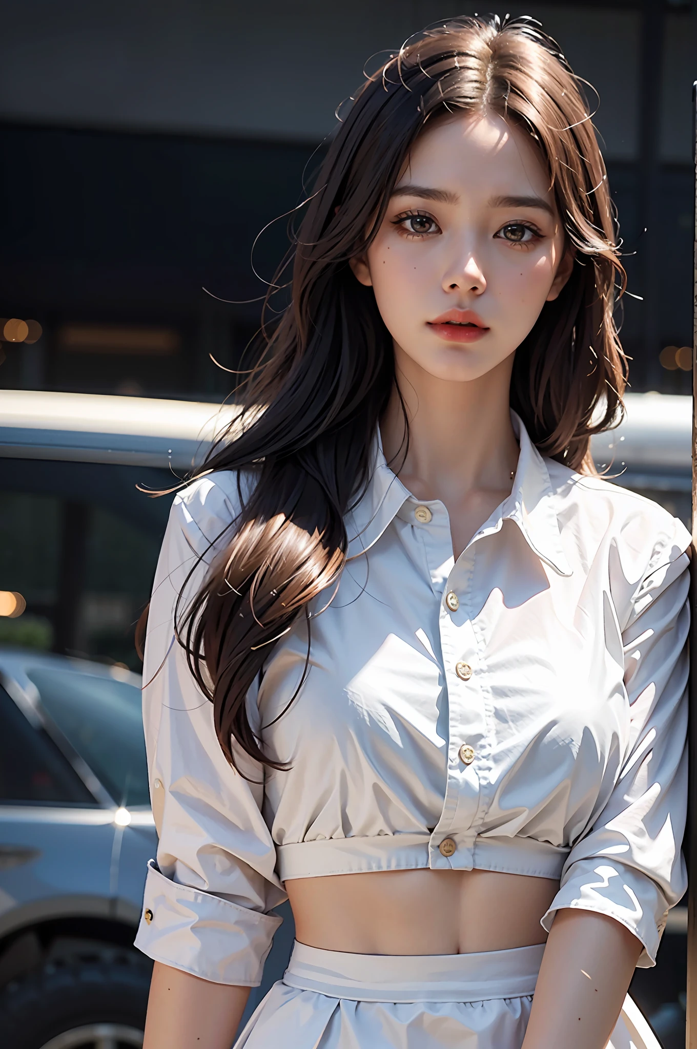 Close-up of a woman in a white-collar shirt, mini skirt, chest:1.2, messy hair, big hair, closed mouth, mouth hold, long eyelashes, black hair color, Guvez style artwork, Guvez, CGstation trend, original photo, super high resolution, big brown eyes, long legs, thin legs, narrow waist, tall woman, slim figure, dynamic lighting, depiction very detailed, depth of field, rain in the background, Greek, ray tracing, 4K