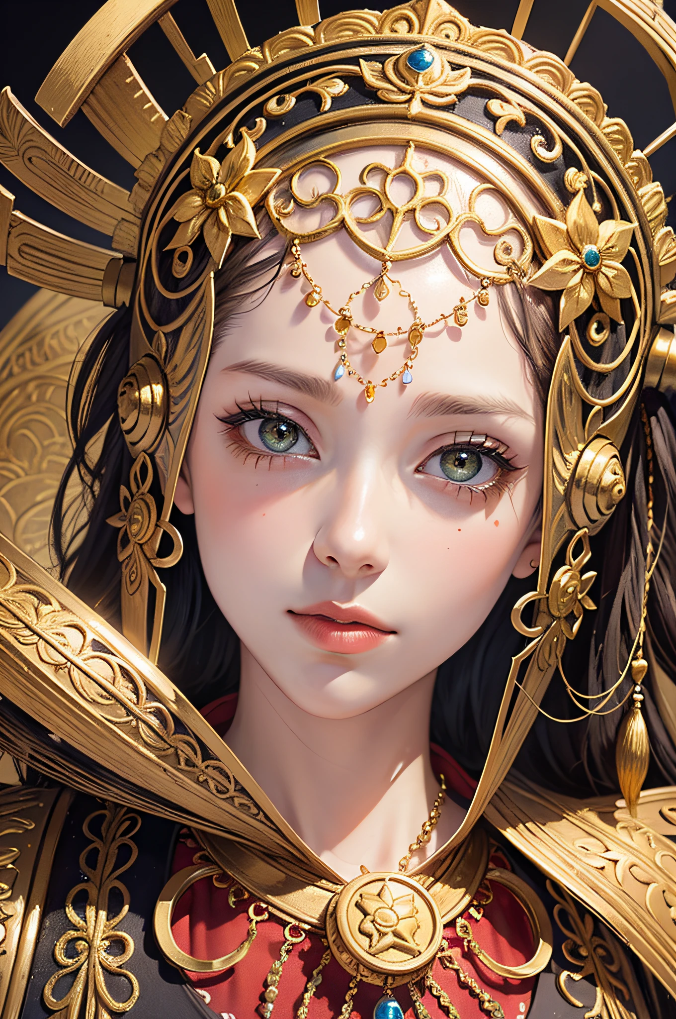 (masterpiece, top quality, best quality, official art, beautiful and aesthetic:1.2), (1girl), extreme detailed,colorful,highest detailed, official art, unity 8k wallpaper, ultra detailed, beautiful and aesthetic, beautiful, masterpiece, best quality, (zentangle, mandala, tangle, entangle) ,holy light,gold foil,gold leaf art,glitter drawing, PerfectNwsjMajic