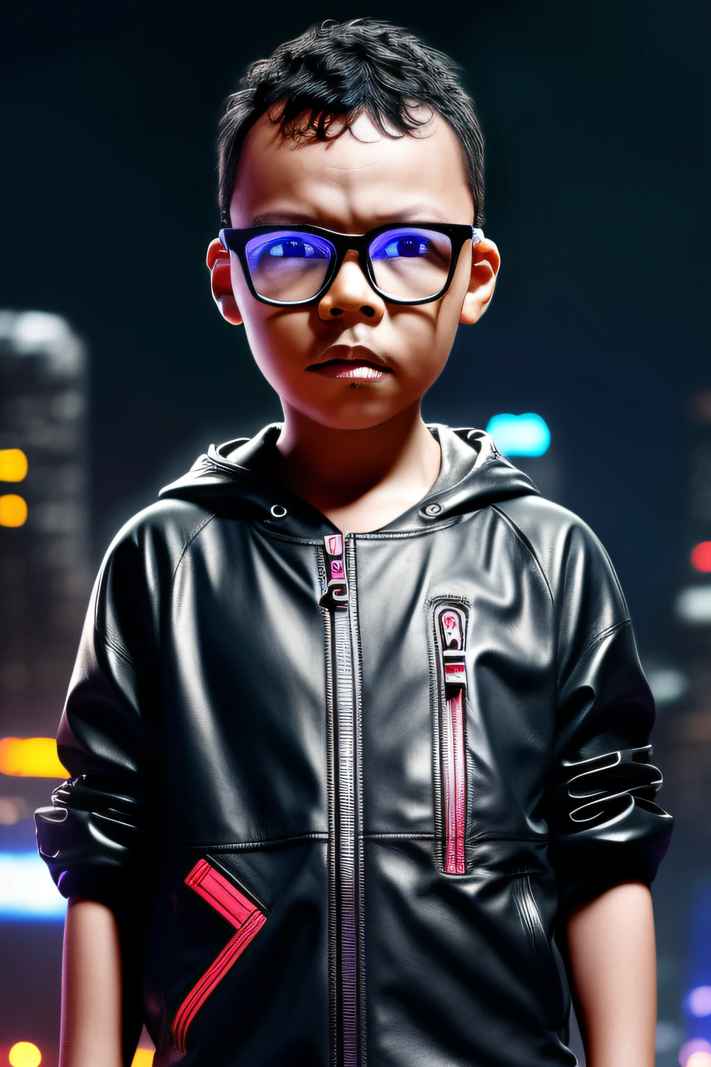 guttonerdvision5, a 3 year old boy wearing glasses, detailed skin and face, half body, with hooded leather clothing, cyberpunk style, neon, colored lights, ultra realistic rainy cyberpunk city scenery, realistic character,