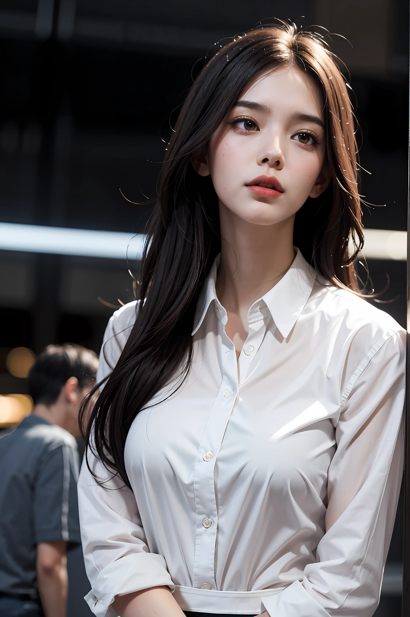 Close-up of a woman in a white-collar shirt, mini skirt, chest:1.2, messy hair, big hair, closed mouth, mouth hold, long eyelashes, black hair color, Guvez style artwork, Guvez, CGstation trend, original photo, super high resolution, big brown eyes, long legs, thin legs, narrow waist, tall woman, slim figure, dynamic lighting, depiction very detailed, depth of field, rain in the background, Greece, ray tracing