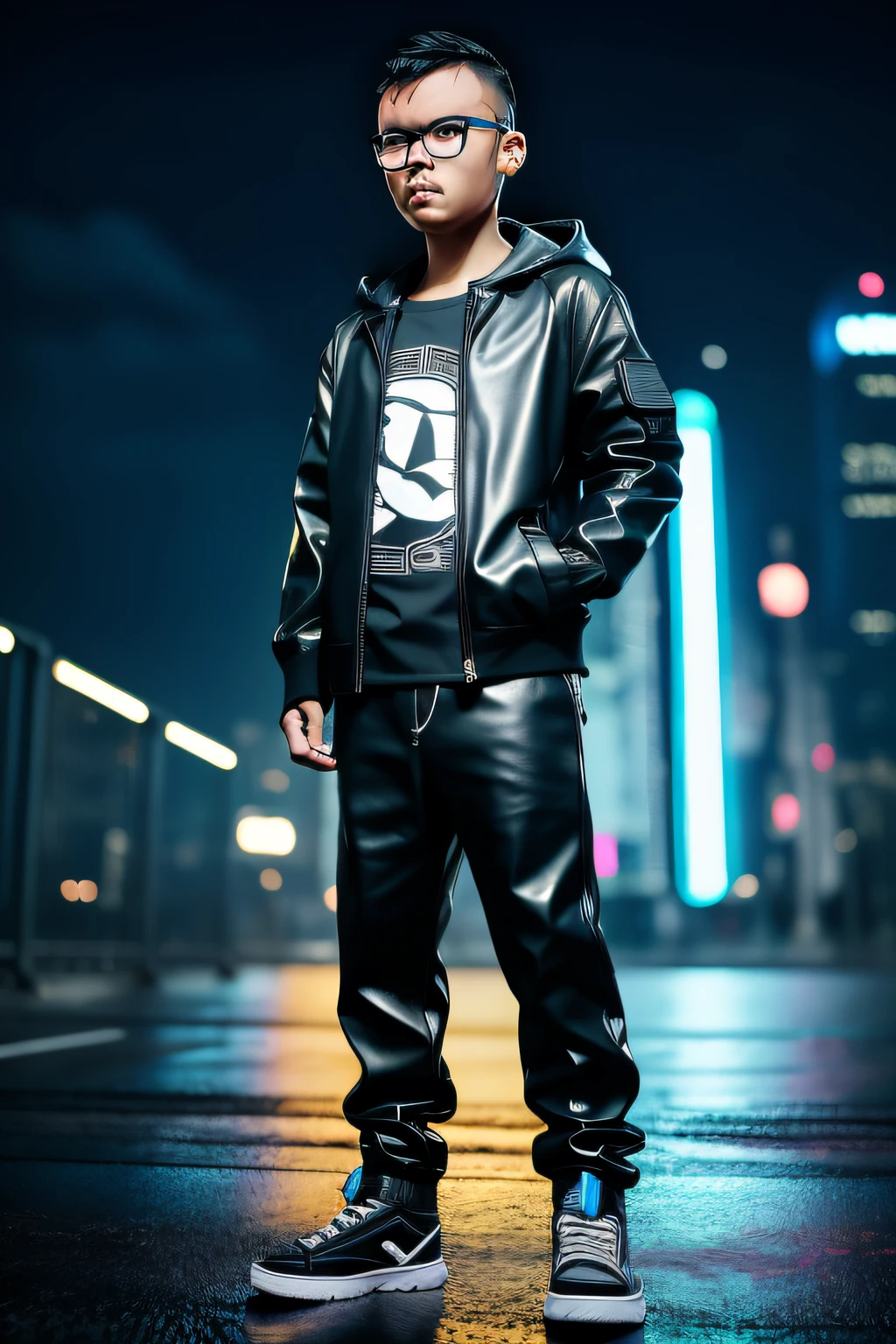 guttonerdvision5, a 3 boy wearing glasses, detailed skin and face, half body, with hooded leather clothing, cyberpunk style, neon, colored lights, ultra realistic rainy cyberpunk city scenery, realistic character,