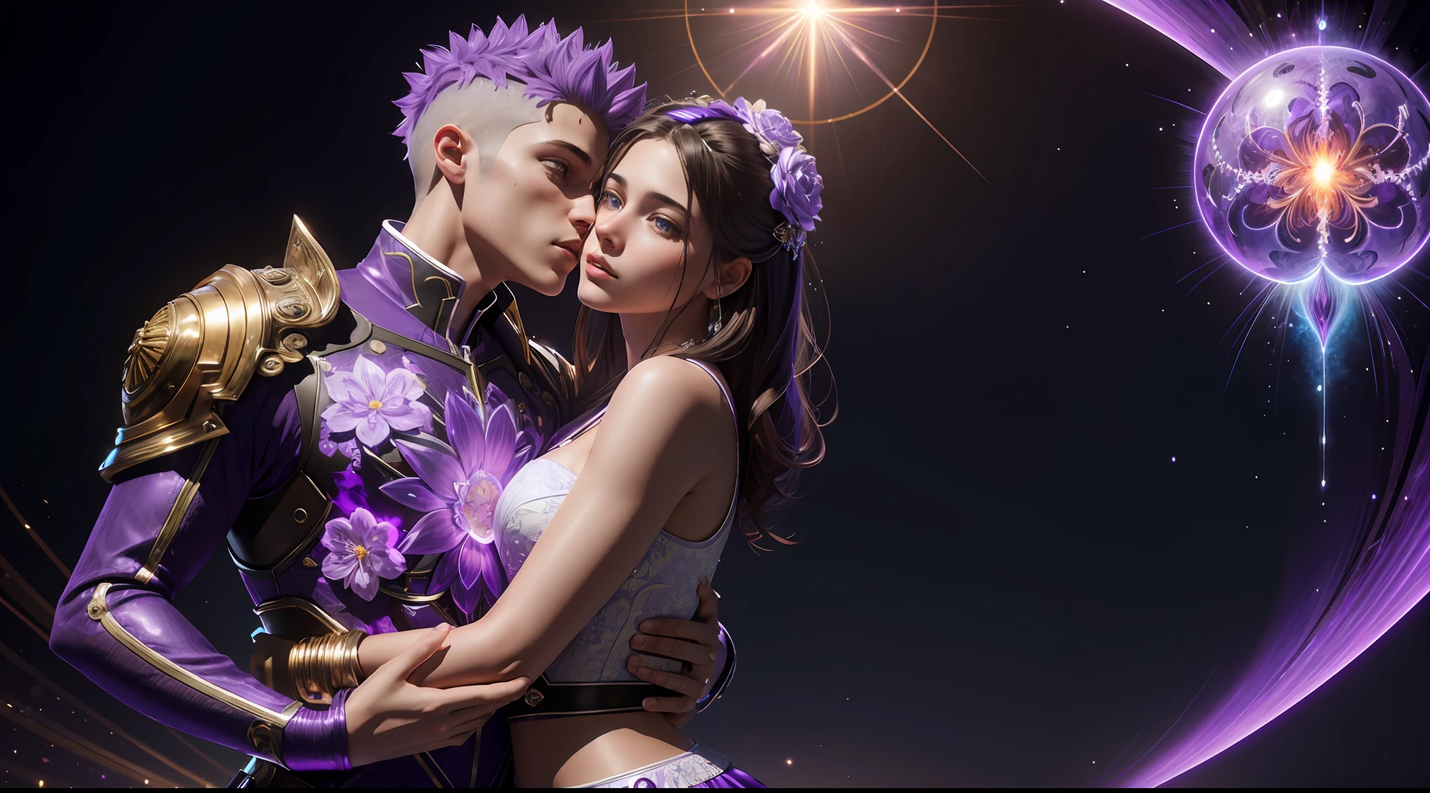 Incredible and spectacular scenes, ((high quality)), ((detailed)), ((fantasy)), "purple plasma brain, purple plasma body, realistic, best quality, 4K, flowers trapped in blisters at the top realistic, (handsome teenager and beautiful girl hugging and kissing), full body portrait", image quality (3D rendering effect) , exquisite details,