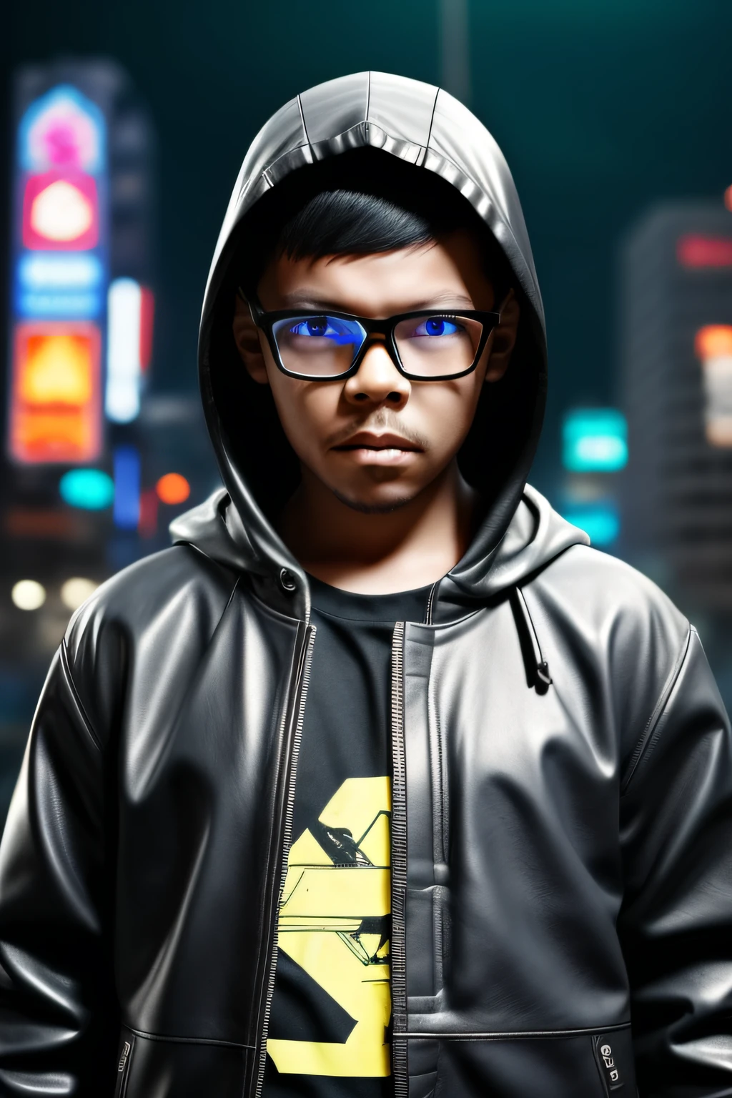 guttonerdvision5, a 3 year old boy wearing glasses, detailed skin and face, half body, with hooded leather clothing, cyberpunk style, neon, colored lights, ultra realistic rainy cyberpunk city scenery, realistic character,