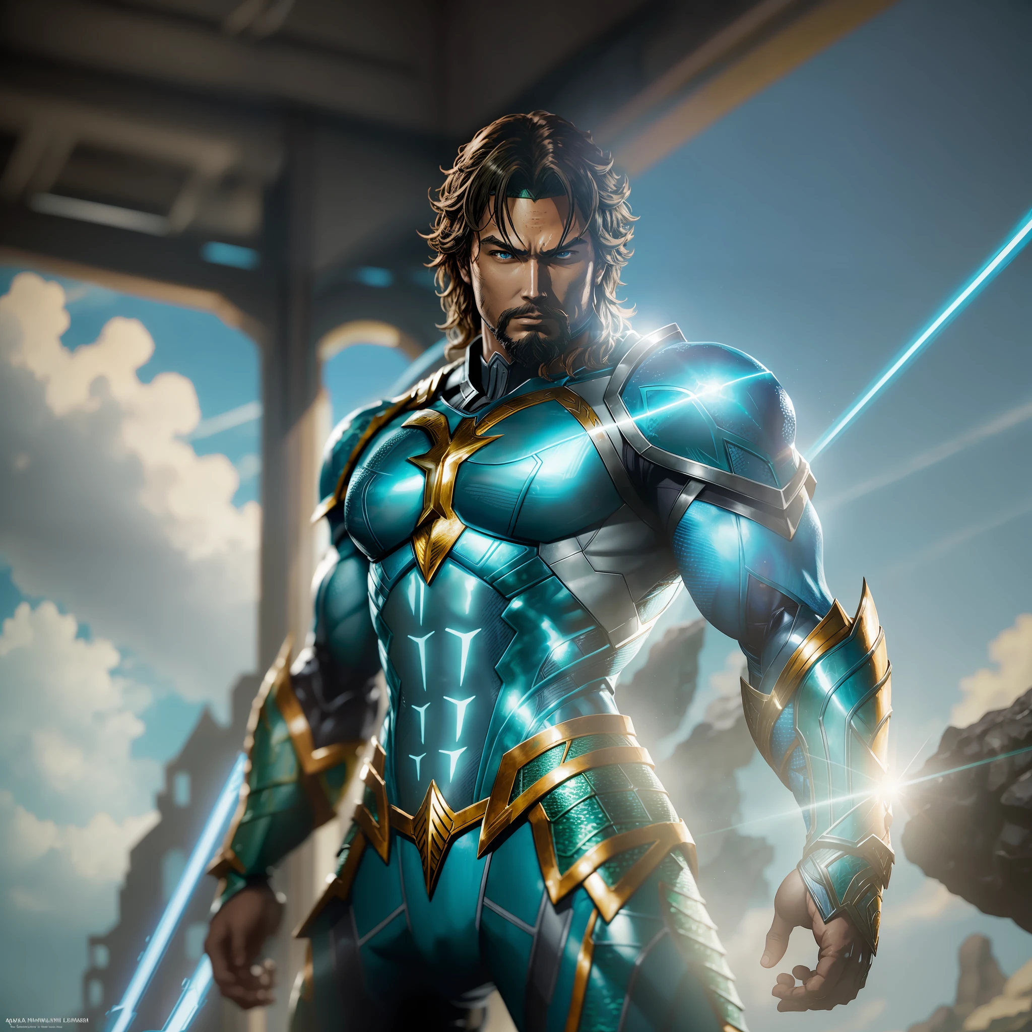 Aquaman with Celestial Armor suit:: anime::1 sunlight::1 yoji shinkawa::1 blue::1 aluminum::1 defocus::-0.5 --v 4 --quality 2 --auto --s2