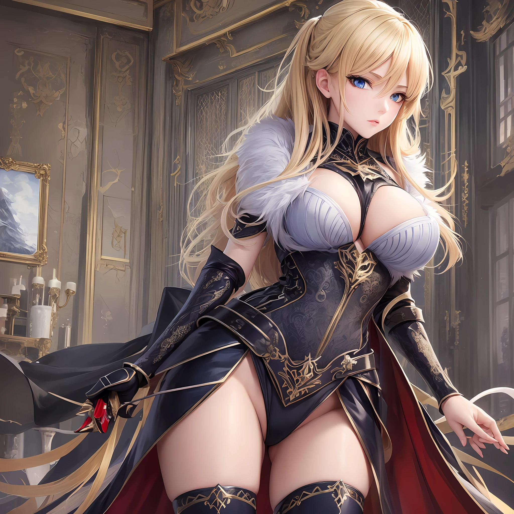 Closet up sexy and seductive Russian woman with blonde hair with blue eyes, large breasts defined body wearing white Dragon armor with black sword with anime style fire element) (anime art style, high quality picture --auto --s2