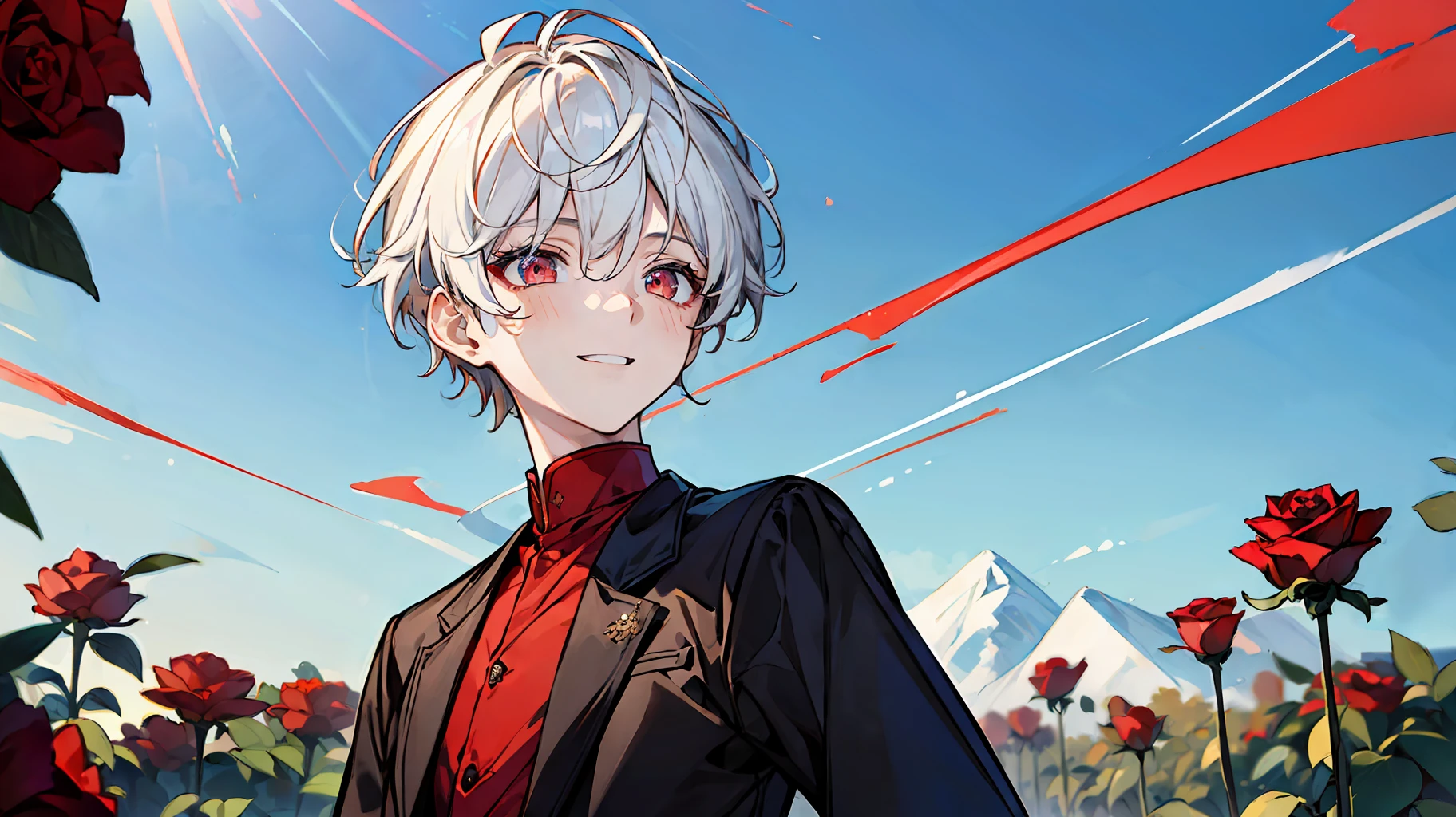 ((masterpiece)),(((best quality))), (high-quality, breathtaking),(expressive eyes, perfect face), short, young boy, short white hair, red eyes, smiling, black outfit, wear short shorts, shine, glow, red roses, sunshine, blue sky, up close, portrait