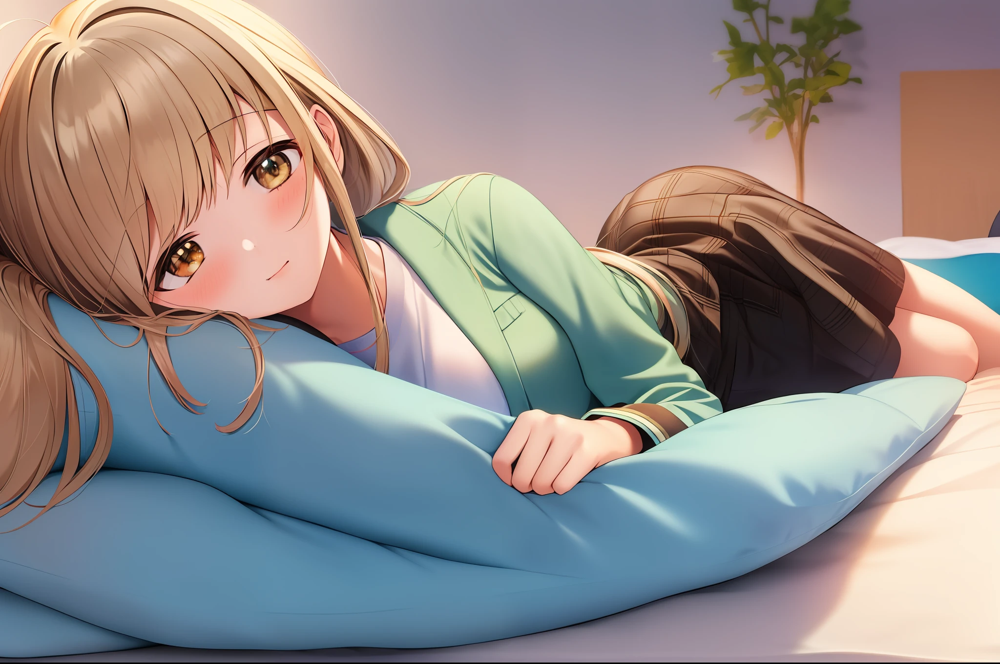 masterpiece, 1girl, Mahiru Shiina, dressed in her aqua_konosuba's clothes, lying on the bed next to her