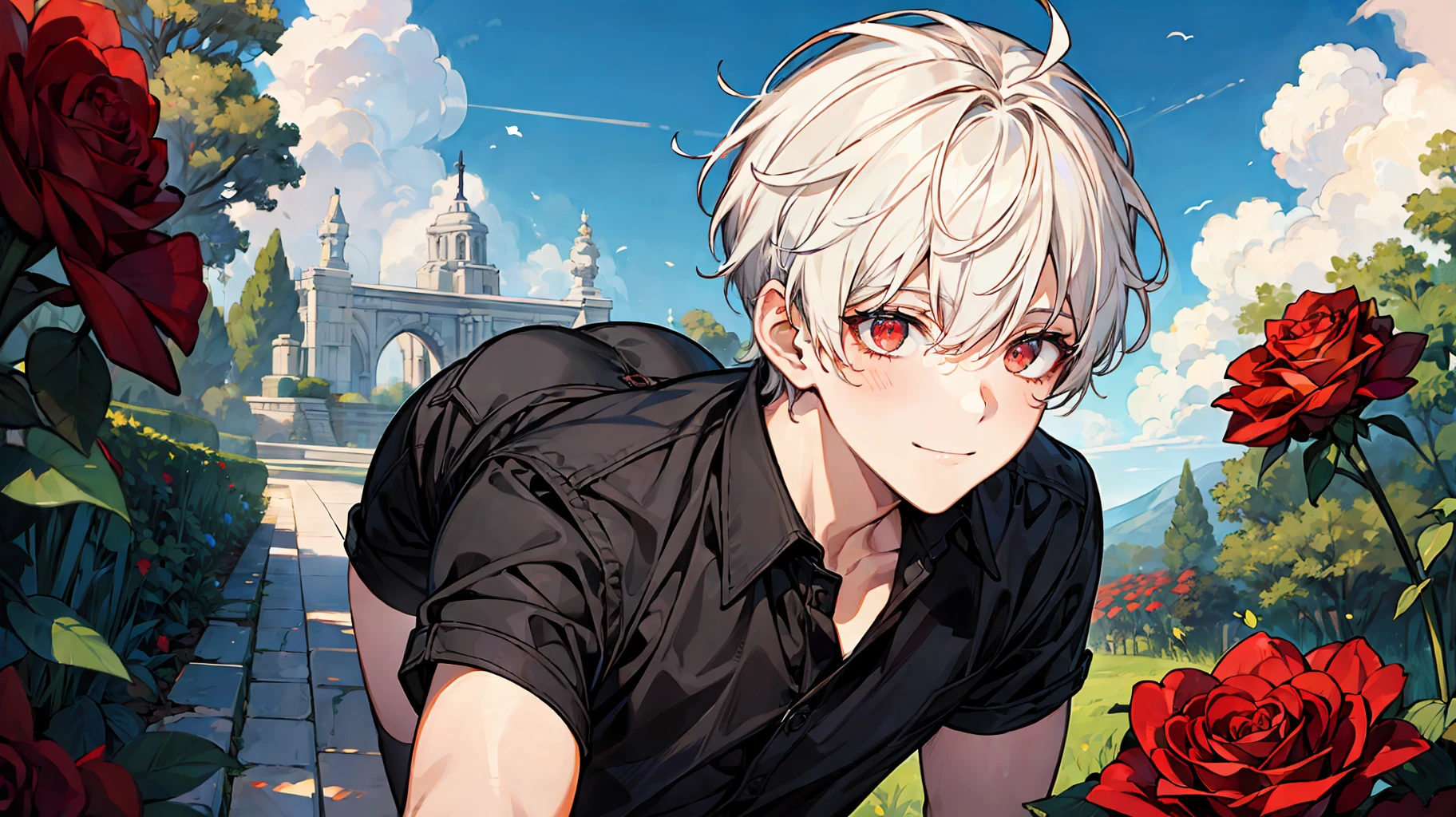 ((masterpiece)),(((best quality))), (high-quality, breathtaking),(expressive eyes, perfect face), short, young boy, short white hair, red eyes, smiling, black outfit, wear short shorts, shine, glow, red roses, sunshine, blue sky, up close, portrait