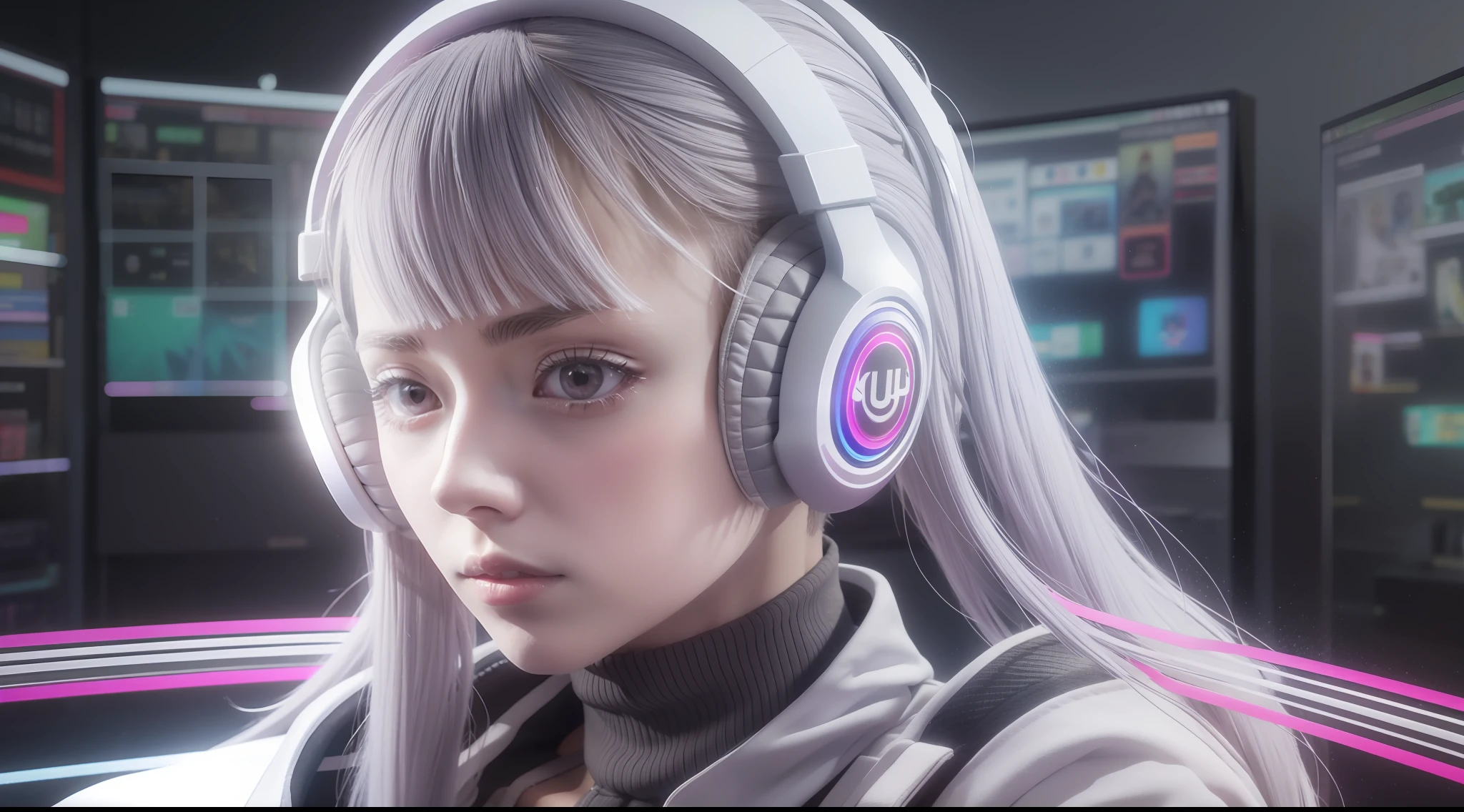 Anime RGB for background on YouTube very beautiful, ultra modern rendering, full RGB, silver hair, gamer headset.