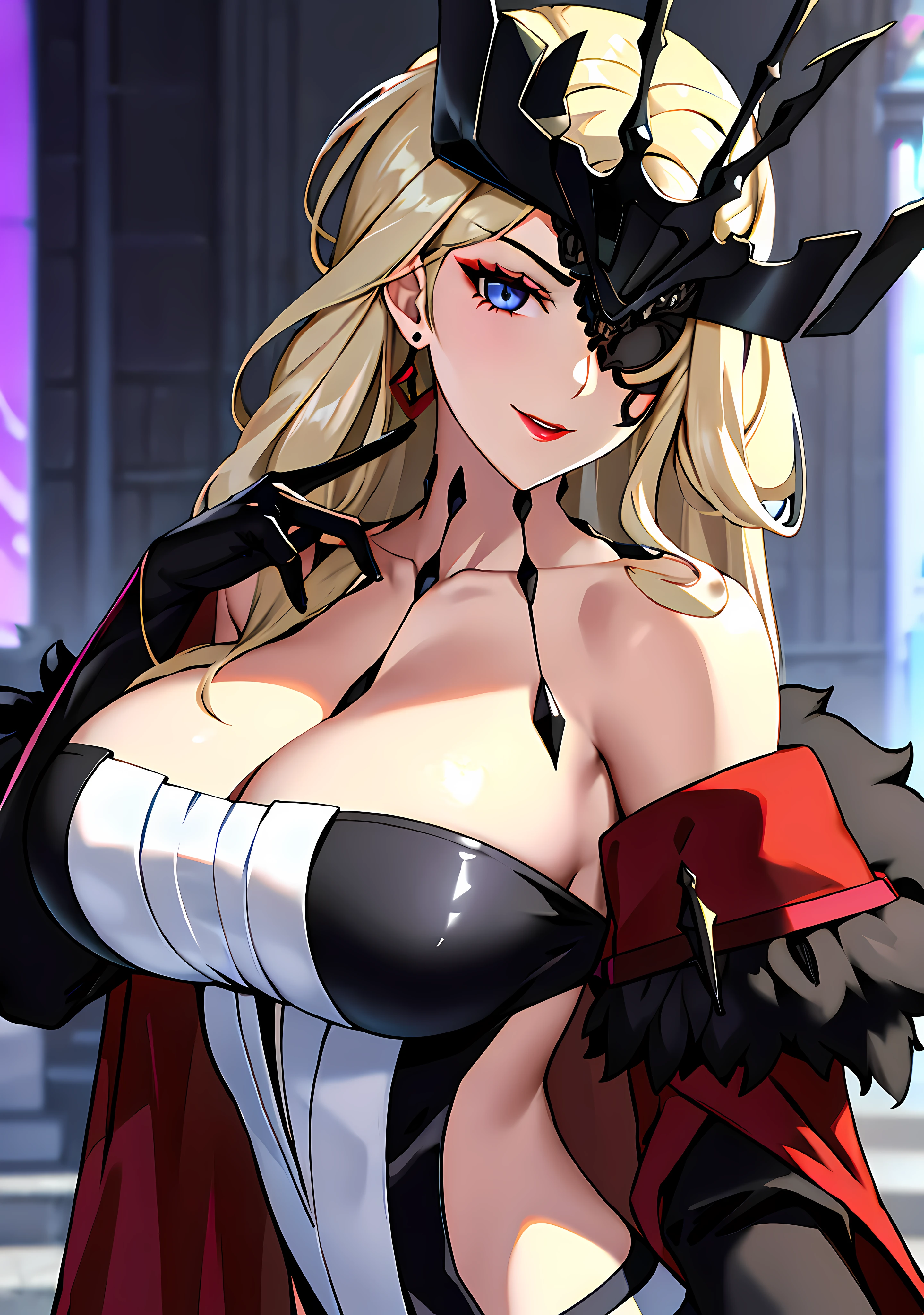 1girl, bare shoulders, black mask, blonde hair, blue eyes, cleavage, collarbone, dress, earrings, eyepatch, fur trim, huge breasts, jewelry, large breasts, long hair, looking at viewer, makeup, mask, one eye covered, signora \(genshin impact\), smile, solo, upper body, outdoors, cyberpunk, (masterpiece:1.4), (best quality:1.4), (shiny skin), red lips, mature female