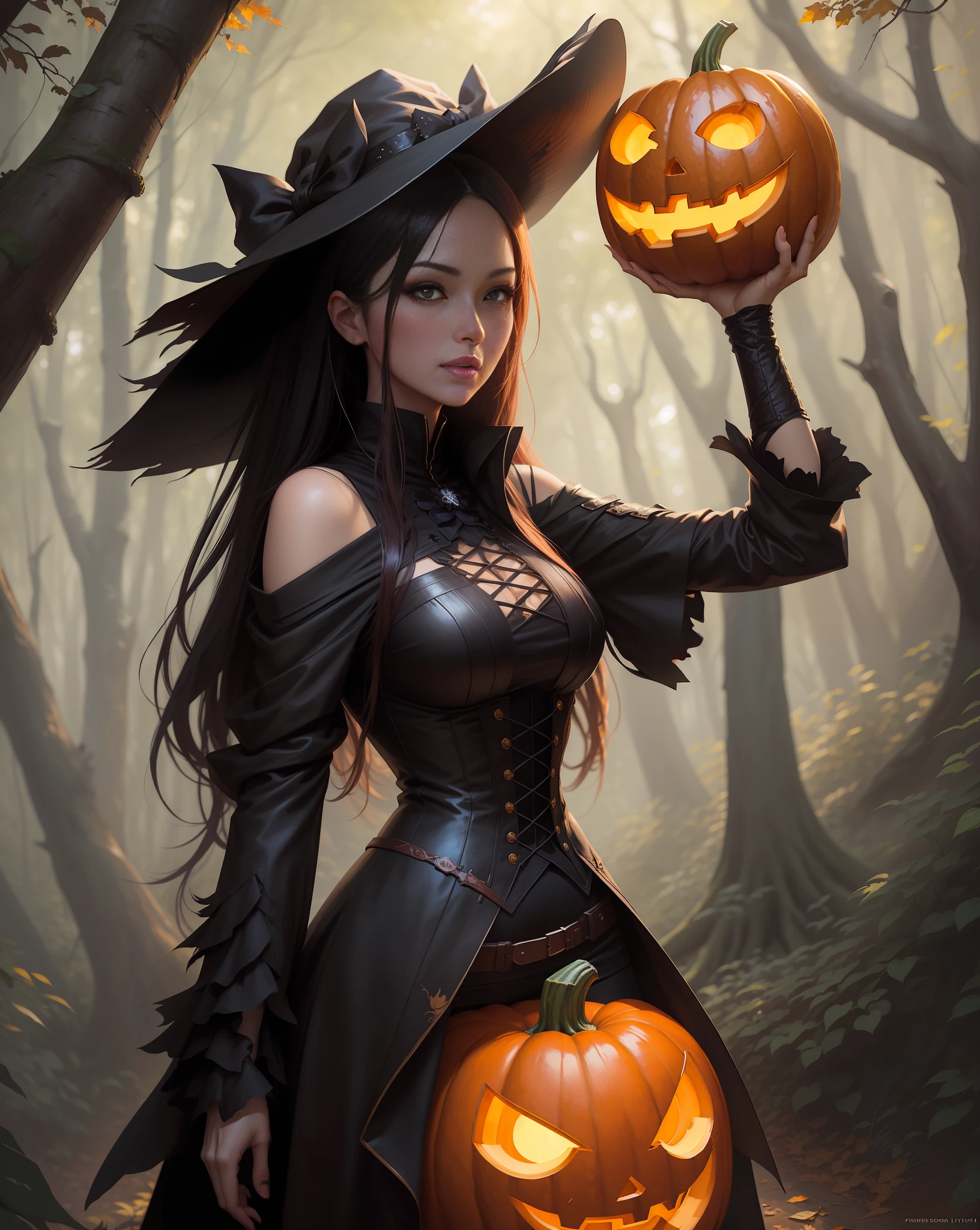 a close up of a woman holding a pumpkin in a forest, guweiz, by Yang J, extremely detailed artgerm, wlop | artgerm, halloween art style, gothic maiden anime girl, guweiz on artstation pixiv, artwork in the style of guweiz, artgerm and rossdraws