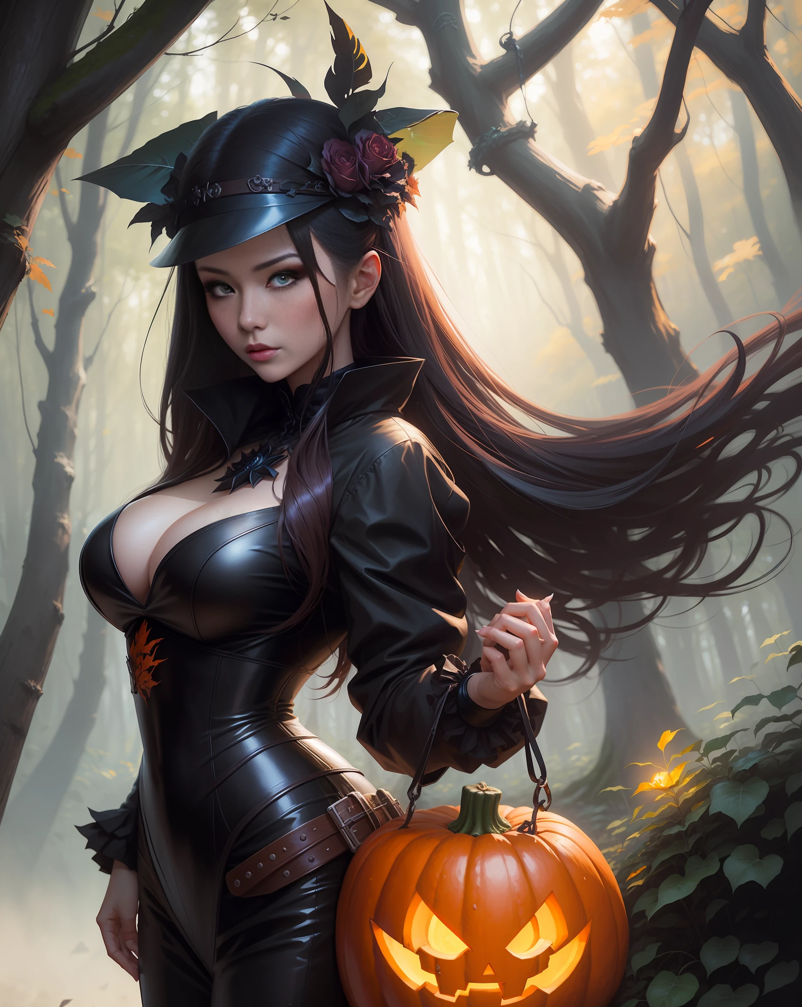 a close up of a woman holding a pumpkin in a forest, guweiz, by Yang J, extremely detailed artgerm, wlop | artgerm, halloween art style, gothic maiden anime girl, guweiz on artstation pixiv, artwork in the style of guweiz, artgerm and rossdraws