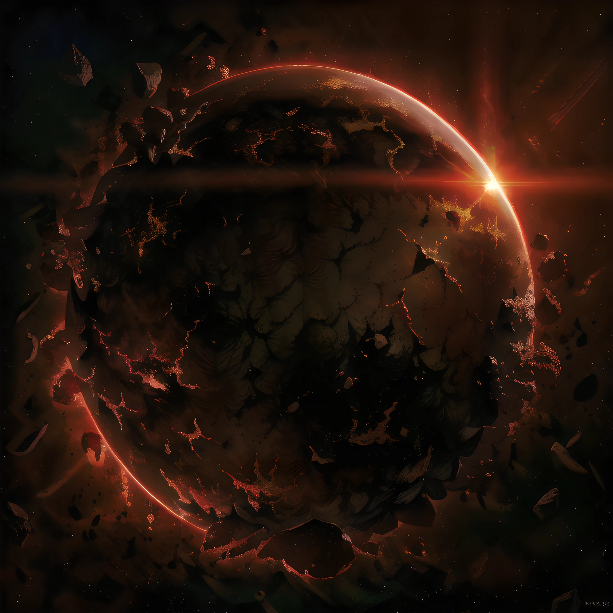 planet, ruined, dark side, glare of light, red sky, sharp colors, extremely detailed 8k wallpaper