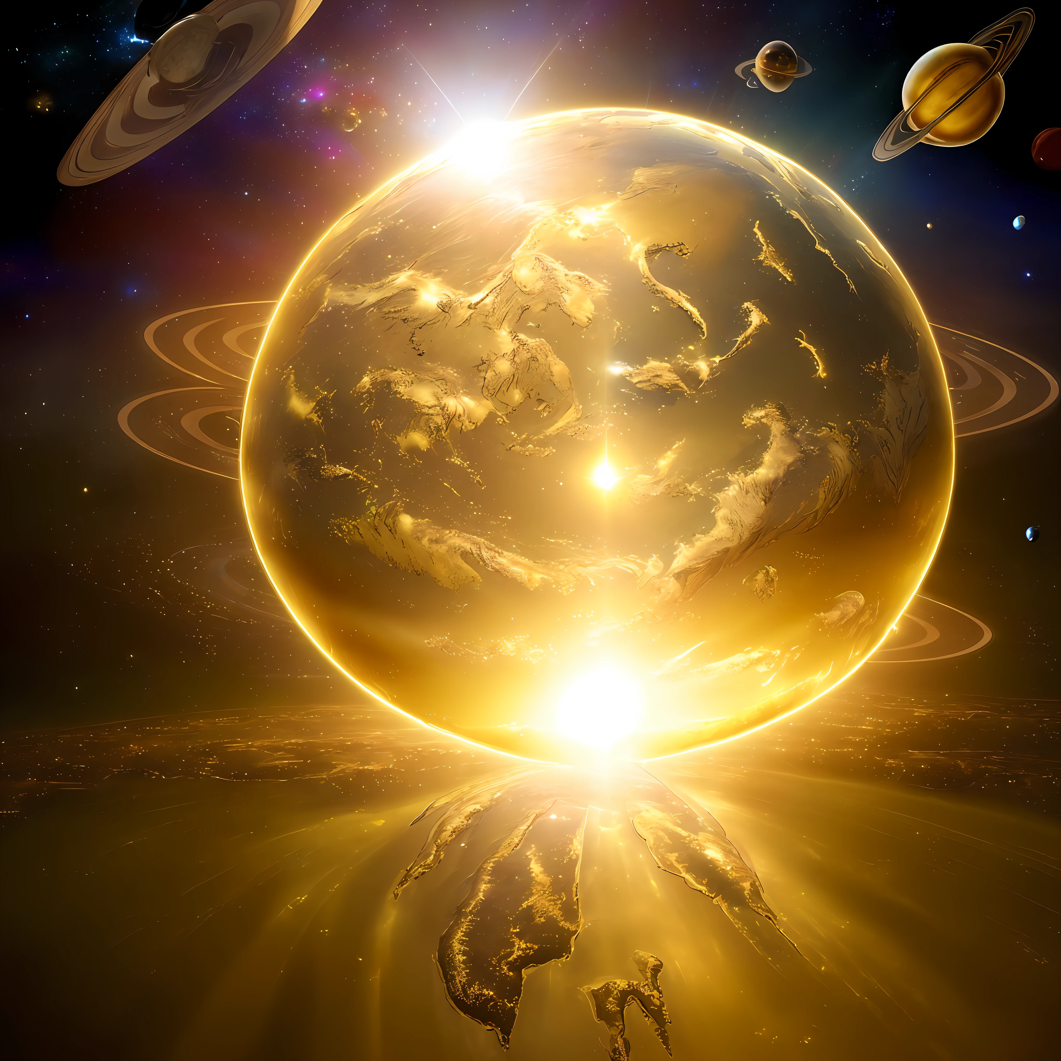 &quot;(((((Planet Earth))))) emitting a ^(huge) ray of light ^(yellow|gold) at ^(a spaceship|a spaceship|an interstellar ship).&quot;