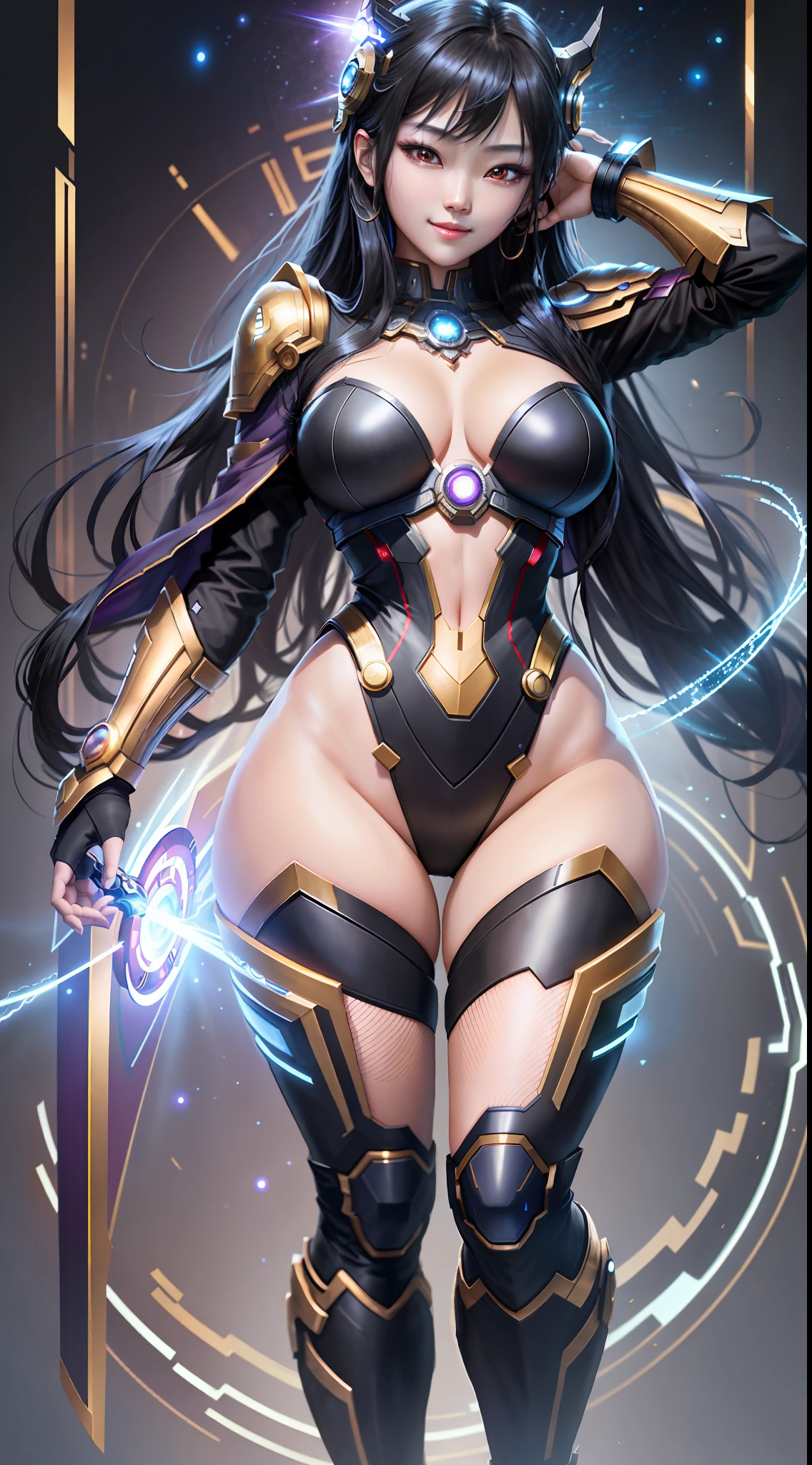 masterpiece, maximum quality, ultra high resolution, 8k, korean girl (extremely beautiful), black hair with lights, full body, very thin, detailed face, detailed eyes, mischievous smile, wide hips, thick thighs, smooth and soft pellet, with Thanos' clothes, Using infinity gauntlet in hand