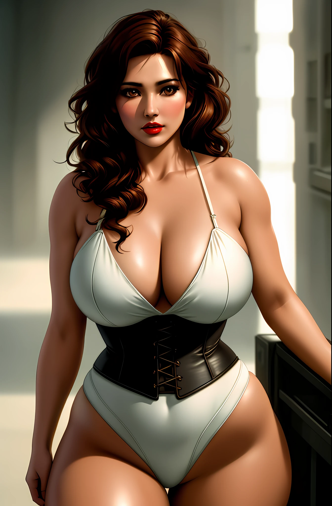 (BishoujoMom: 1.5), wearing sexy corset, socks and garter belt, opening legs, (((huge breasts, neckline))), ((thick thighs, hourglass figure)), (topless), (nipple lozenges: 1.5) ( (thick and red lips)), ((brown eyes)), ((wavy hair)), ((brown hair)) photorealistic, photo, masterpiece, realistic, realism, photorealism, high contrast, photorealistic digital art trend on Artstation 8k HD high definition detailed realistic, detailed, skin texture, hyperdetailed, realistic skin texture, armor, best quality, ultra high resolution, (photorealistic: 1.4), high resolution, detailed, raw photo, sharp re, by lee jeffries nikon d850 film Photo Bank 4 Kodak Portra 400 Camera F1.6 Lens Rich colors Hyper realistic Texture Dramatic lighting Unreal engine Trend in the arts station Cinestill 800,
