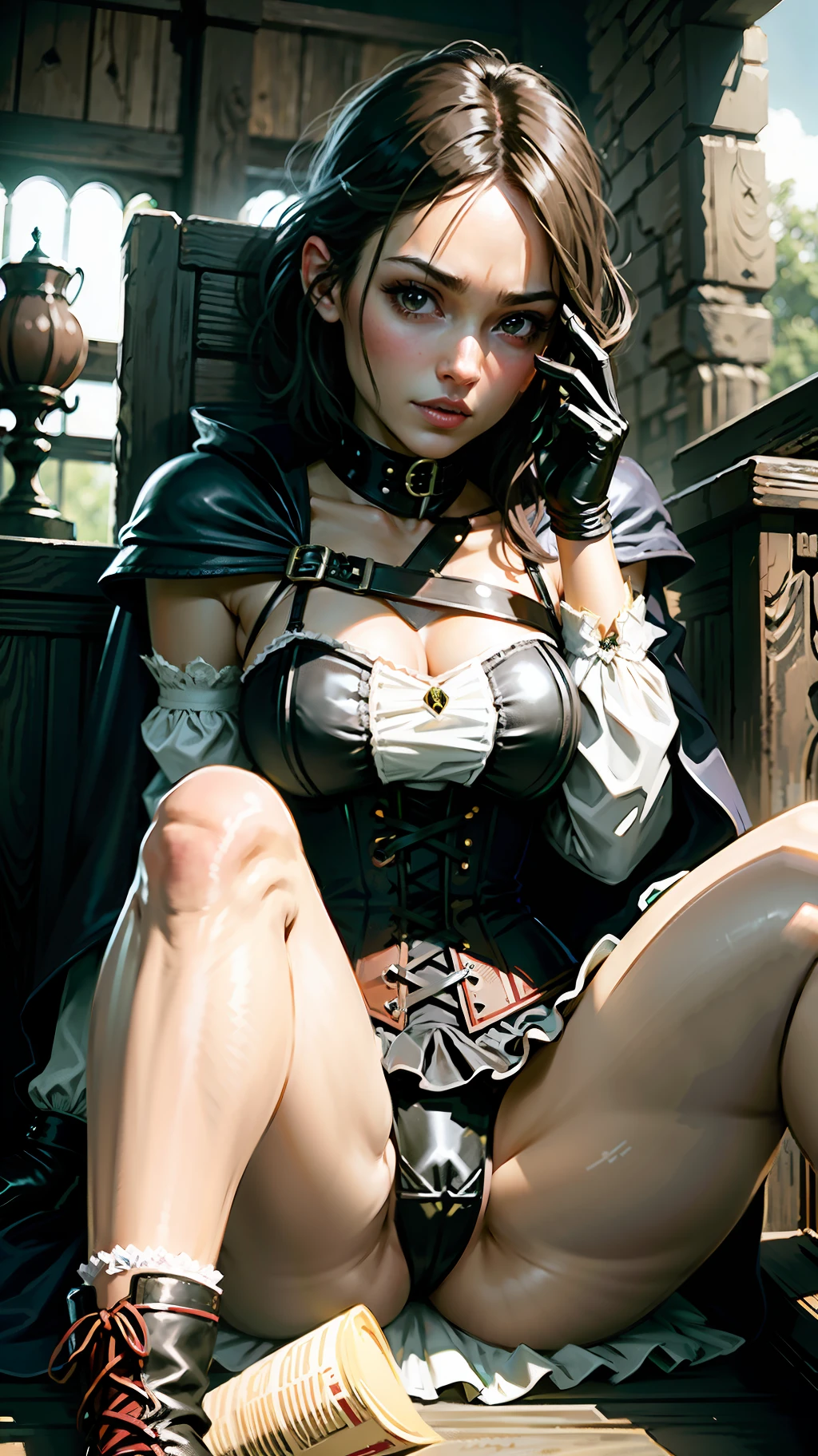 female rogue, dark hair, short hair, 1 girl, medieval costume, best quality, 8k, wallpaper, hyper detailed, hyper realistic, short skirt, skirt lifted, leather boots, leather gloves, corset, bench panties, black robe, panties appearing, realistic, D&D, sitting, front, cameltoe, pantyshot, open legs, legs apart, legs raised, upskirt, RAW,