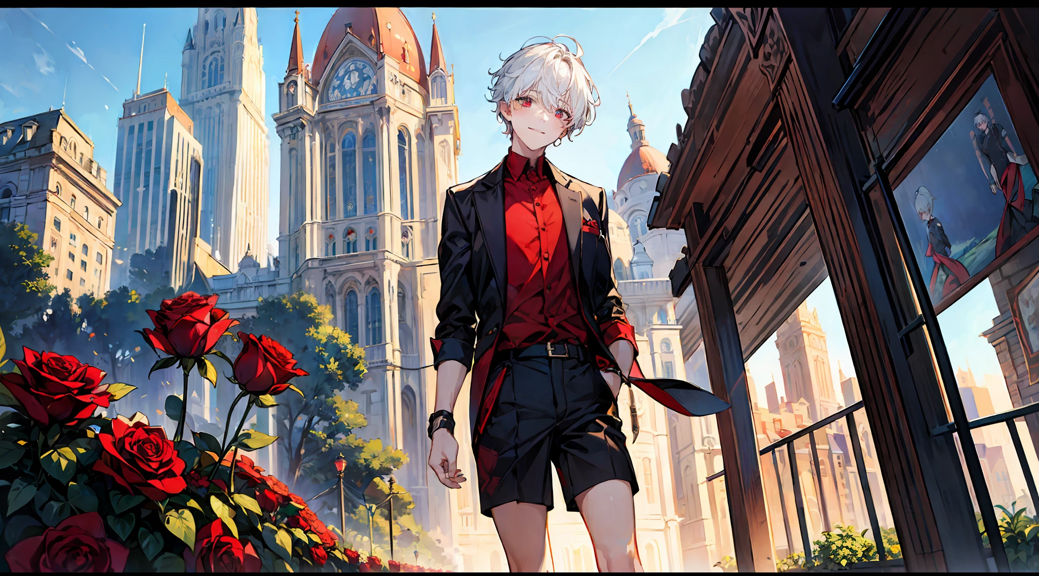 ((masterpiece)),(((best quality))), (high-quality, breathtaking),(expressive eyes, perfect face), short, young boy, short white hair, red eyes, smiling, black outfit, wear short shorts, shine, glow, red roses, city, cafe, blue sky up close, portrait