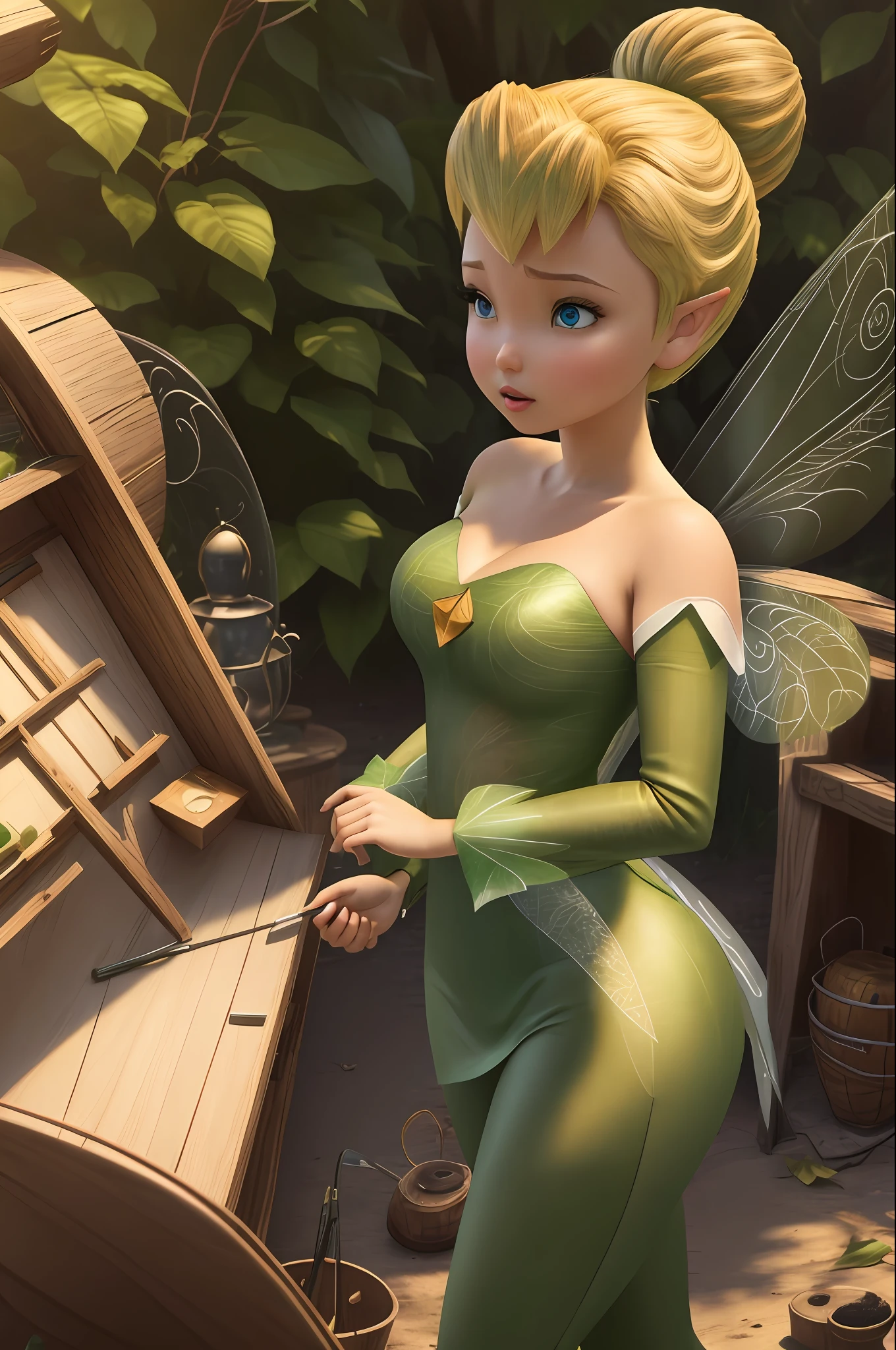 masterpiece, 8k, perfect ligthing, , adult, female, looking at viewer, cinematic lighting, full body shot,  (TinkerBell:1.5), (TinkerBellWaifu:1.1), single hair bun, (green clothes), ((clothes made from leaves)), (fairy wings:1.2), pointy ears, blue eyes, (detailled eyes:1.2), tinkering in the forest, (tinkering:1.6), Gears, leavers, pulleys, blush, (shrunken),