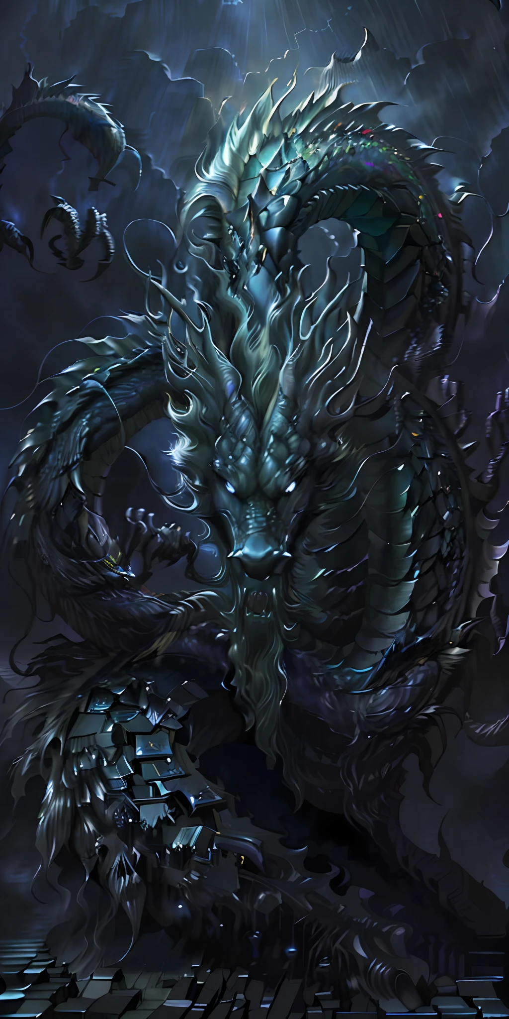 Green dragon:extremely long and delicate, (heavy acid rain in background)=1.6,ancient corrupted step pyramid:babylonian, dark fantasy, dark atmosphere, dark purple moonlit sky, angle from under, masterpiece, corrupted celestial energy, looking at viewer, piercing death gaze, enraged face:psychotic, glowing celestial eyes, 1dragon=1.5, ((celestial feathers falling from sky)), ((bioluminescent)),vibrant lighting, ultrarealistic, award winning illustration, epic wide-angle shot, wide-angle lens