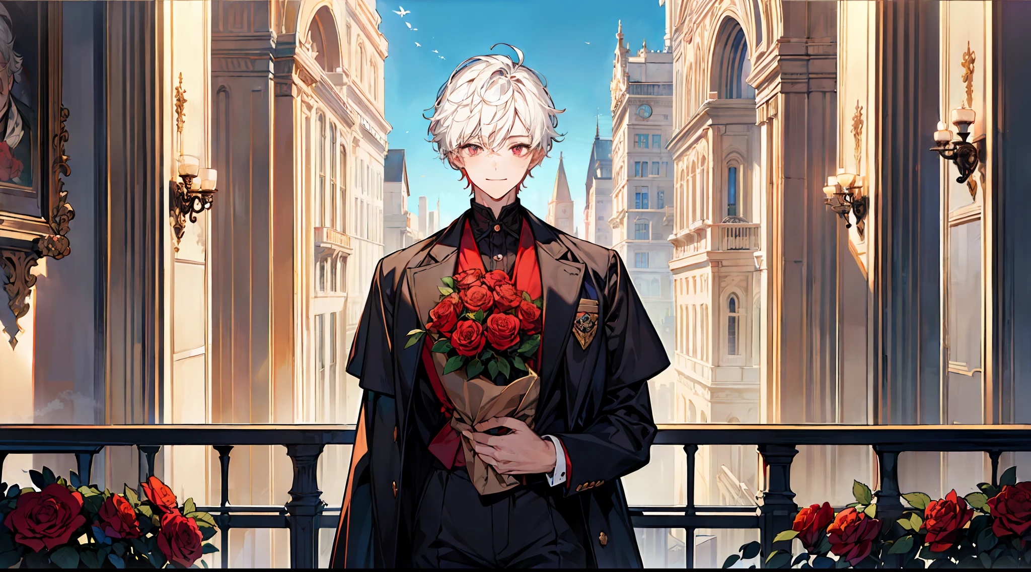 ((masterpiece)),(((best quality))), (high-quality, breathtaking),(expressive eyes, perfect face), short, young boy, short white hair, red eyes, smiling, black outfit, wear short shorts, shine, glow, red roses, city, cafe, blue sky up close, portrait