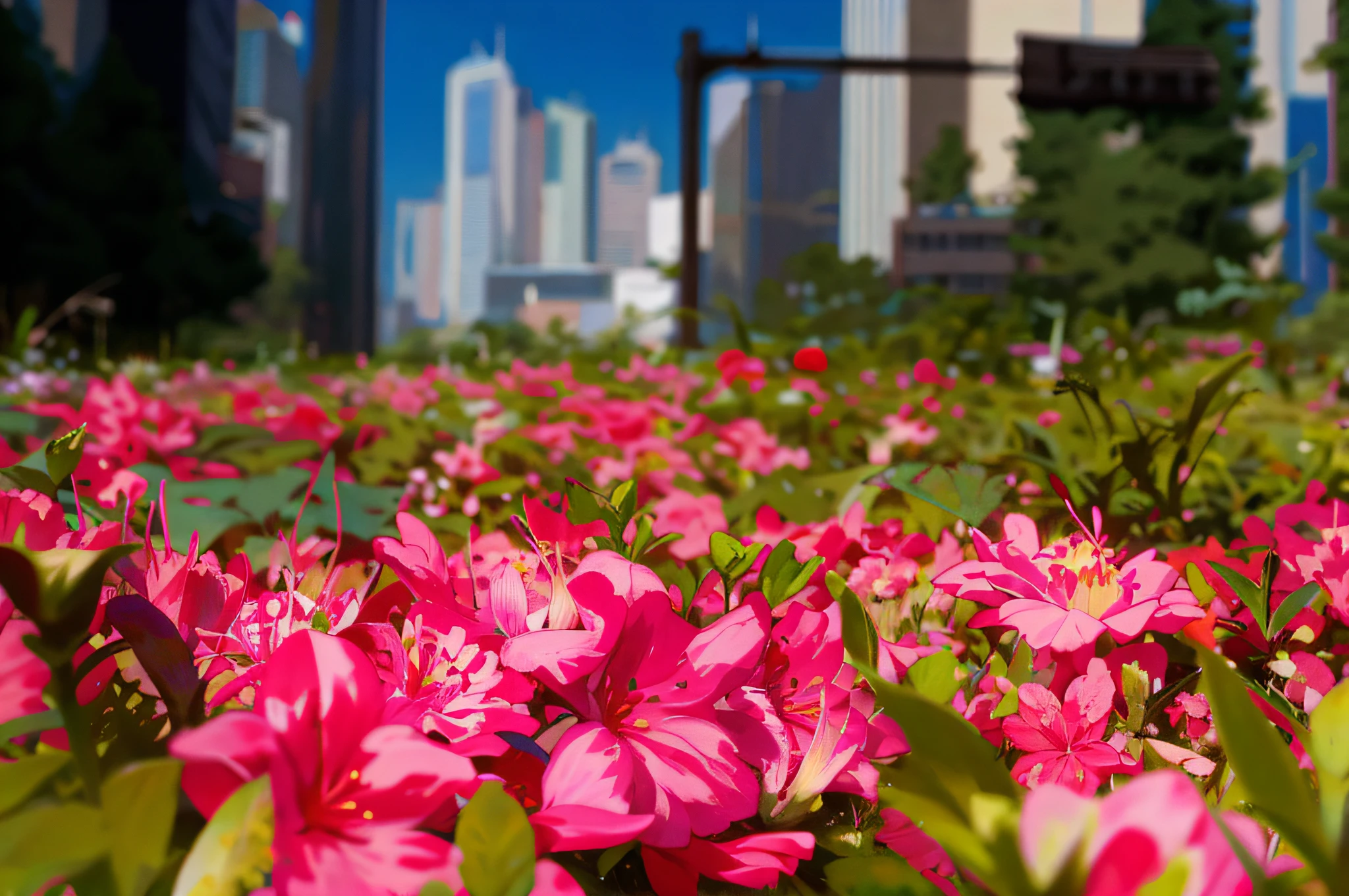 pink flowers in a field with a city in the background, flowers in foreground, vibrant and vivid, city park with flowers, flowers around, nature growing around the city, vivid and vibrant, skyscrapers with greenery, sharp focus on scenery, stunning image, details and vivid colors, beautiful image, shallow depth of field hdr 8 k, bloom and flowers in background