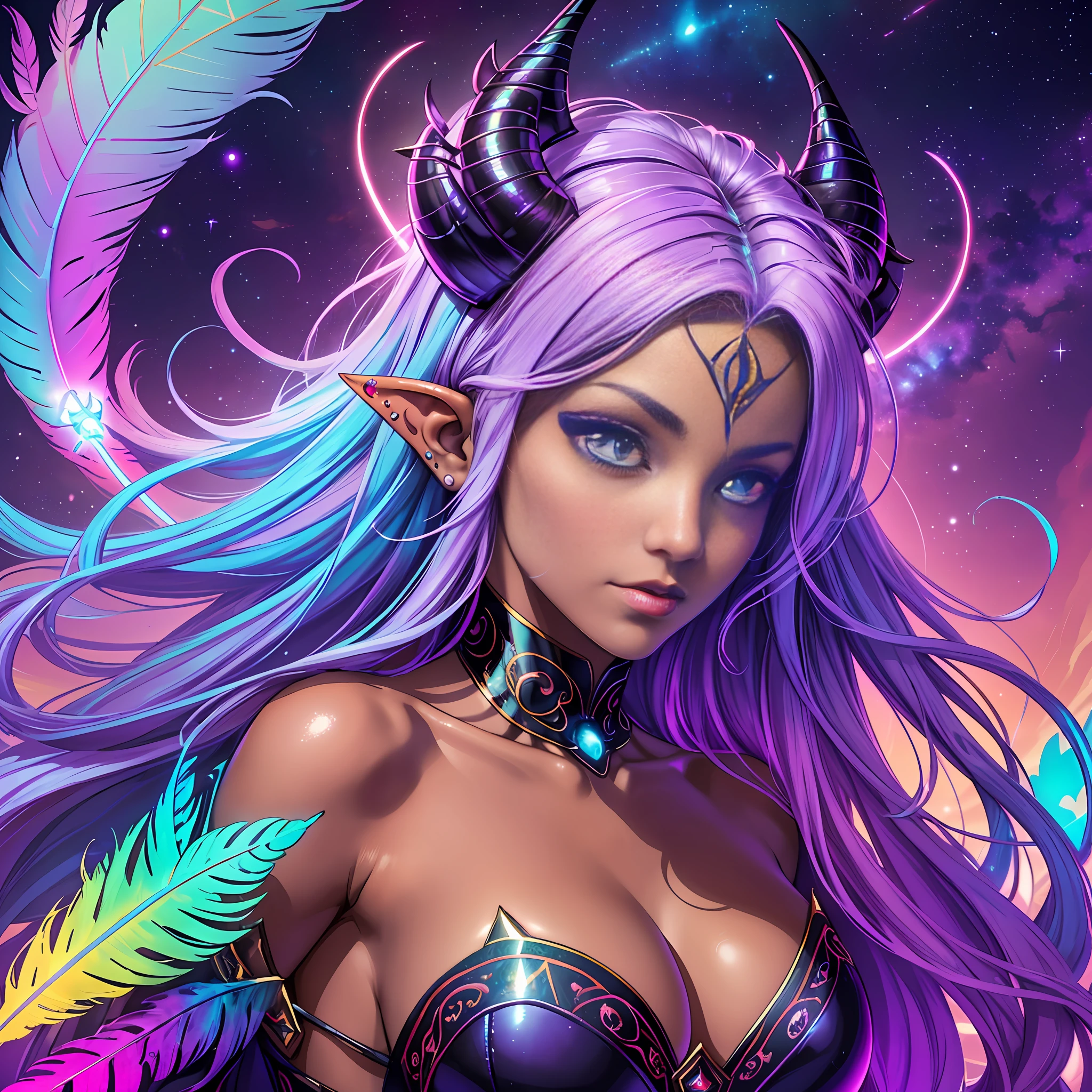 ((best quality)), ((masterpiece)), ((realistic)), full-length portrait, {tanned skin}, {lilith}, 1girl, (((heavenly))), deity, {devil horns}, {delicate and cosmic ball gown with closed breasts}, {teifling goddess}, light particles, halo, looking at the viewer, (bioluminescent:0.95) ocean, bioluminescent, piercing highlights, celestial bioluminescent eyes, bright, (((colorful))), color, (luminous, luminous), (beautiful composition), cinematic lighting, intricate, (symmetrical:0.5), quirky, {lens purple
eye}, ((front angle)), (((spoiled heavenly feathers falling in the background))), ((hair fluttering in the wind))