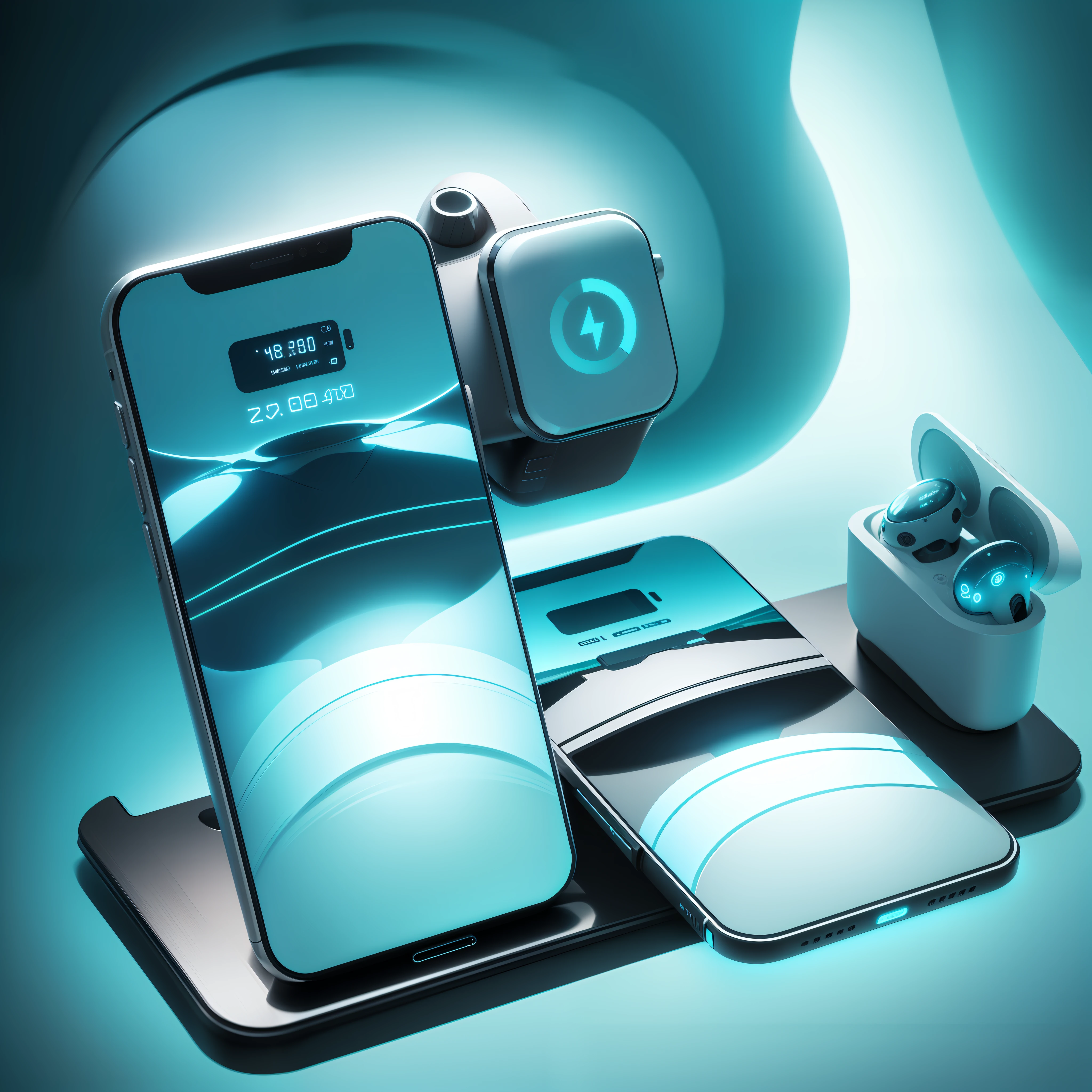 High-tech scenarios of the future: two precision gadgets paired with a charging station. High-tech armor, futuristic round design, equipped with GIGA-level high-precision technical equipment. Oblique coordinate system, 4800K color temperature background, fine and dusty, small angle positive orientation, multi-dimensional 5D linear scene. iOS devices support DIY programming, interpreting the future of technological aesthetics.