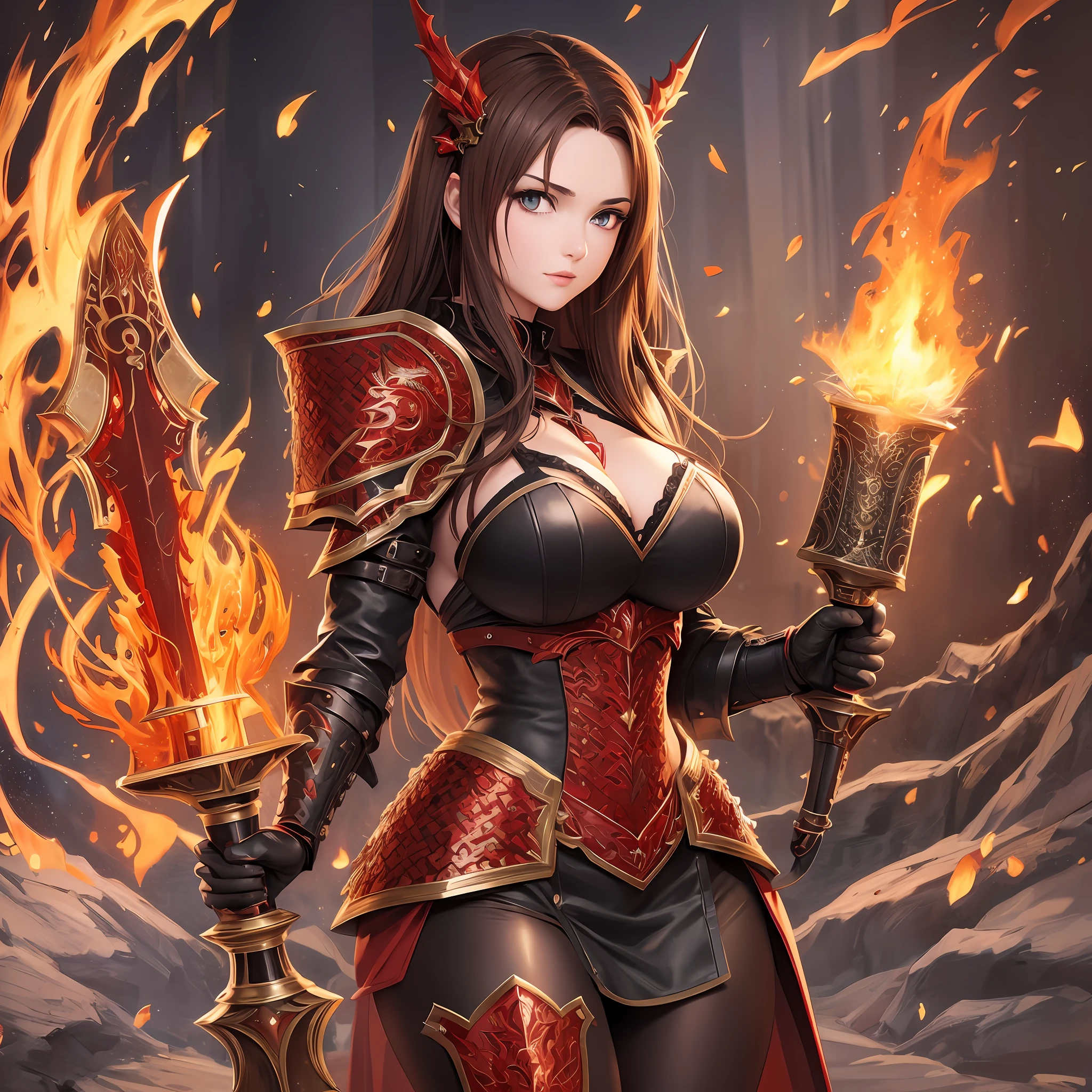 Closet up sexy and seductive Norwegian woman with brown hair, large breasts set body wearing red dragon armor with black sword with anime style fire element) (anime art style, high quality image --auto --s2