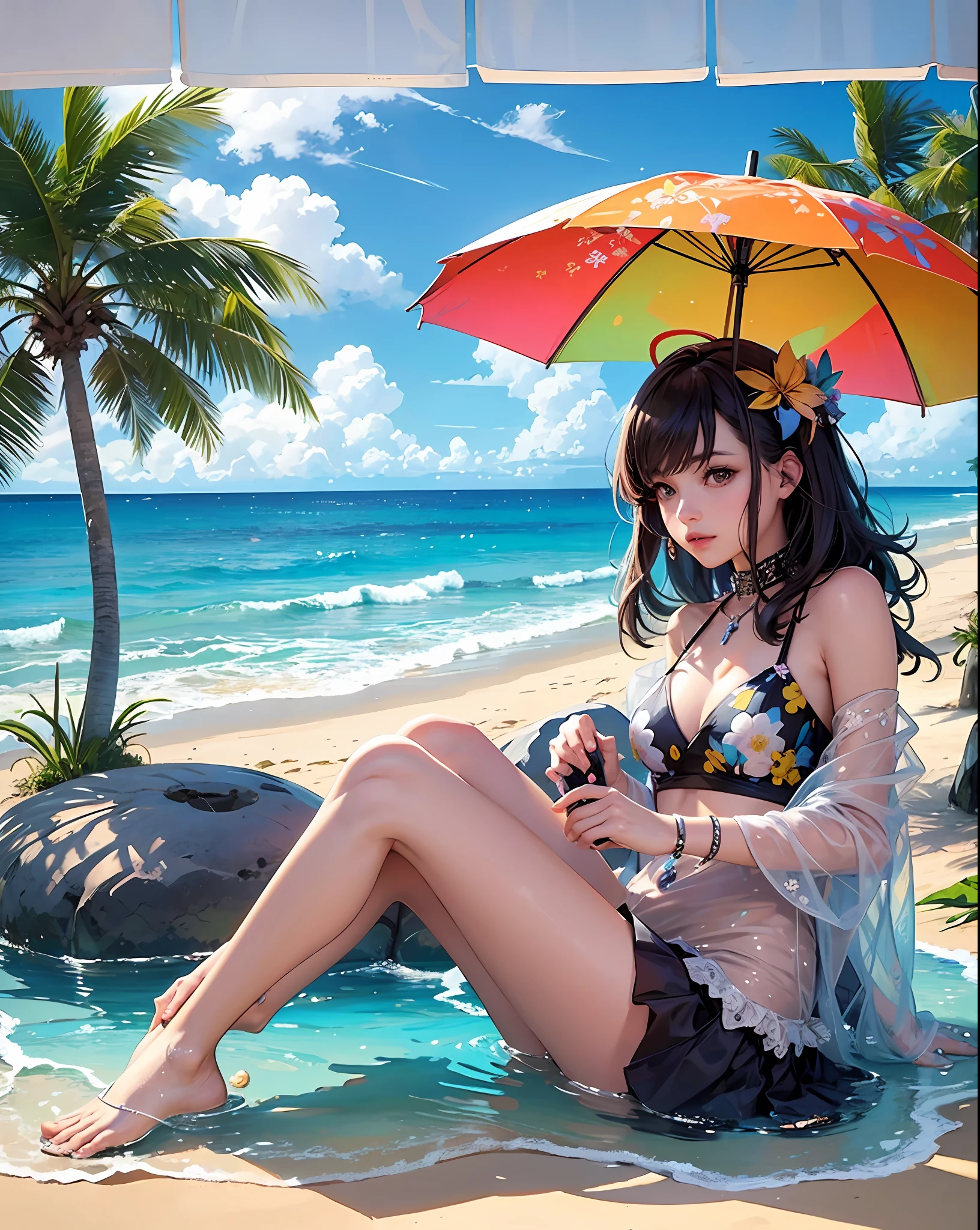 Create an illustration on the beach where Pikachu, with proportions similar to those of a human being, is exchanging a little stamp with a beautiful girl. All around, some girls are showing jealousy towards her. Make sure the main focus is on Pikachu and the girl, avoiding any interference that might divert attention. The scenery should portray a charming beach, with details such as white sand, calm sea and coconut trees in the background. Highlight the feeling of relaxation and fun with colorful umbrellas and typical elements of a beach. Remember that Pikachu is the only one of its kind present on the beach, and there are no other Pikachu, not even in toy form. Ensure that the illustration reflects this rule, reinforcing that Pikachu is unique and special in this context. Keep the beach atmosphere consistent by avoiding elements that might distract from the main scene. There should be no additional elements or characters that are not related to the interaction between Pikachu, the girl, and the jealous girls. Use parentheses to highlight relevant information and ensure that the prompt is followed according to the mentioned restrictions. Create an engaging and romantic illustration, depicting Pikachu and the girl in a moment of exchange of seals on the beach, with the girls showing jealousy. Remember that Pikachu is the only one of its kind present on the beach. I look forward to seeing the end result and sharing it with the creator. - --auto --s2