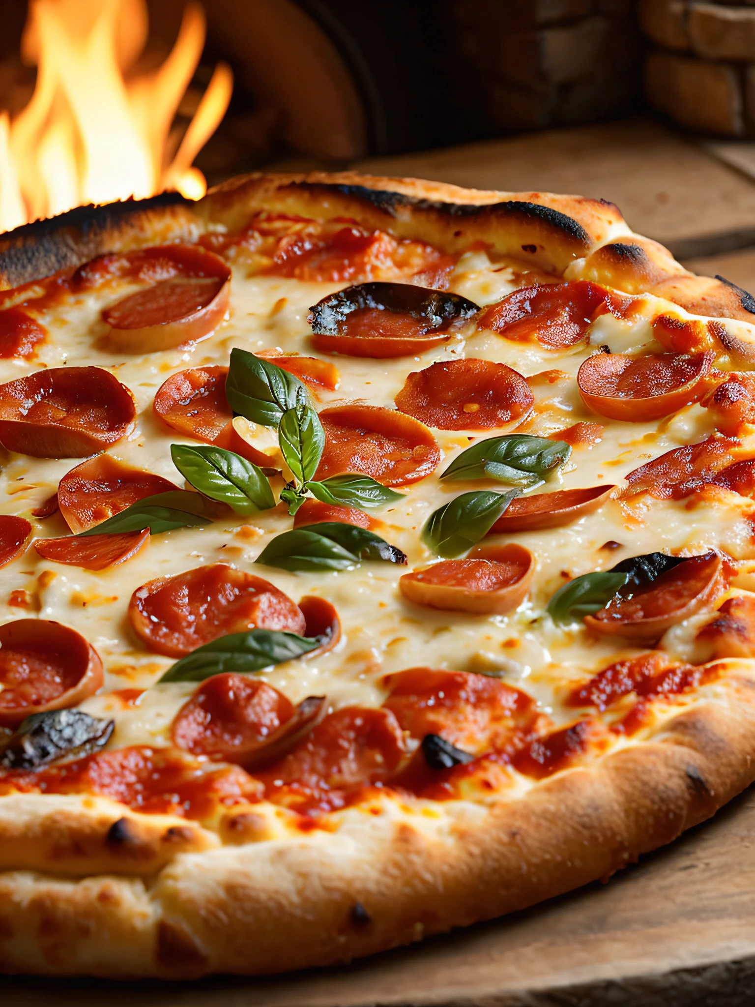 Macro photo of a slice of delicious pizza in front of a stone oven, fire oven, light it fire, food photography, advertising photography, macro crisp quality, warm colors, soft light, extremely detailed, beautiful, establishing shot, artistic, hyperrealistic, octane render, cinematic lighting, dramatic lighting, masterpiece, light brazen, extremely detailed