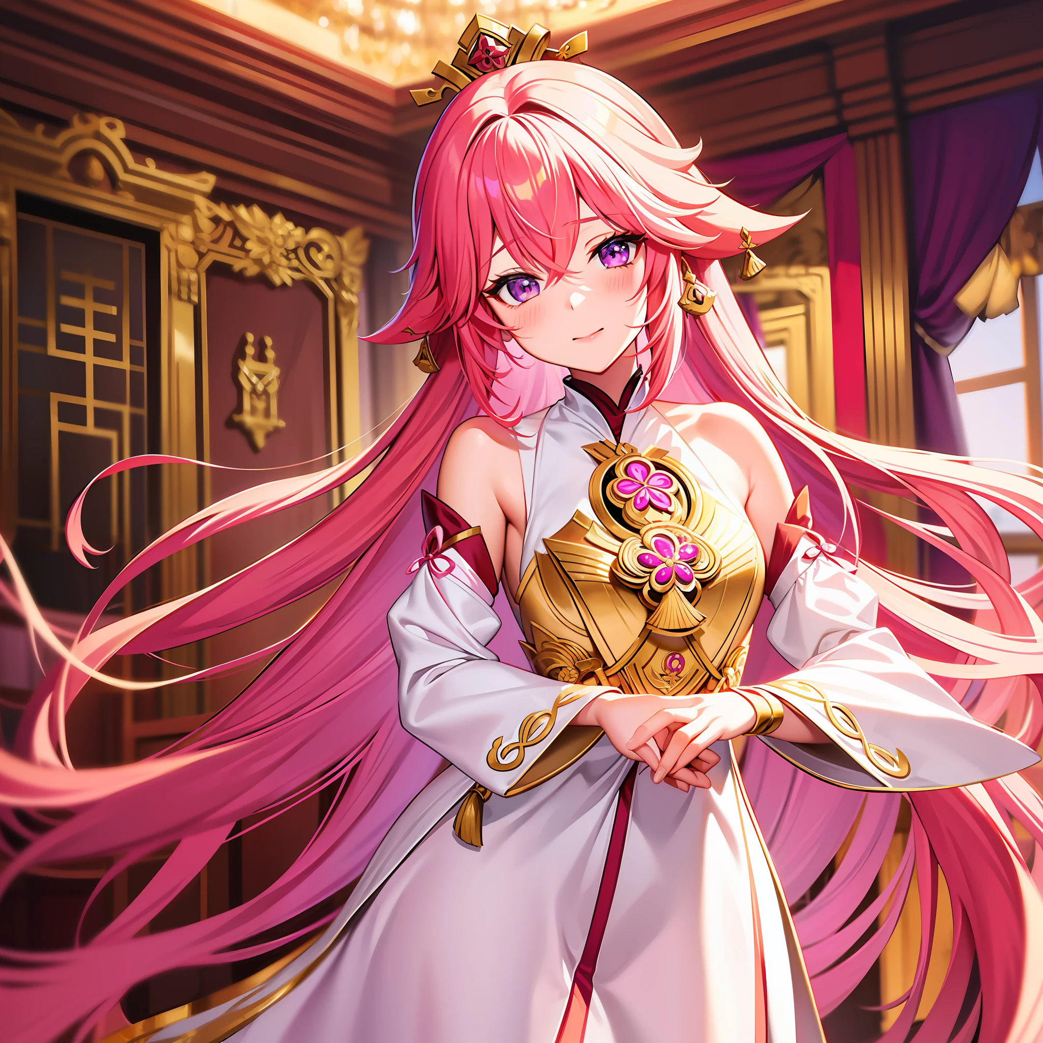masterpiece, best quality, 1girl, soft anime illustration, yae miko, pink hair, purple eyes, long hair, happy, light blush, white imperial dress with golden patterns, banquet hall, golden hair ornaments, genshin characters in background, blur