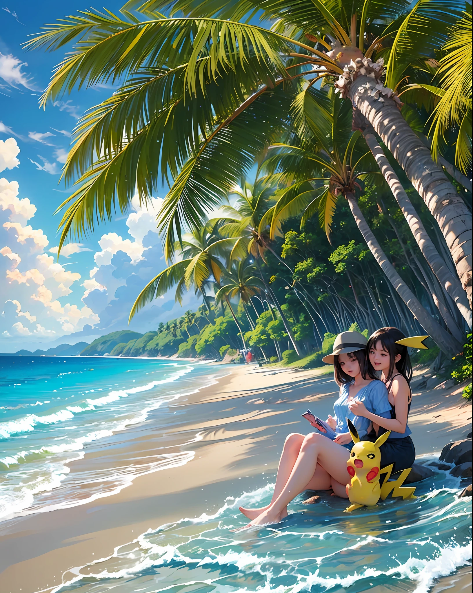Create an illustration on the beach where Pikachu, with proportions similar to those of a human being, is exchanging a little stamp with a beautiful girl. All around, some girls are showing jealousy towards her. Make sure the main focus is on Pikachu and the girl, avoiding any interference that might divert attention. The scenery should portray a charming beach, with details such as white sand, calm sea and coconut trees in the background. Highlight the feeling of relaxation and fun with colorful umbrellas and typical elements of a beach. Remember that Pikachu is the only one of its kind present on the beach, and there are no other Pikachu, not even in toy form. Ensure that the illustration reflects this rule, reinforcing that Pikachu is unique and special in this context. Keep the beach atmosphere consistent by avoiding elements that might distract from the main scene. There should be no additional elements or characters that are not related to the interaction between Pikachu, the girl, and the jealous girls. Use parentheses to highlight relevant information and ensure that the prompt is followed according to the mentioned restrictions. Create an engaging and romantic illustration, depicting Pikachu and the girl in a moment of exchange of seals on the beach, with the girls showing jealousy. Remember that Pikachu is the only one of its kind present on the beach. I look forward to seeing the end result and sharing it with the creator. - --auto --s2