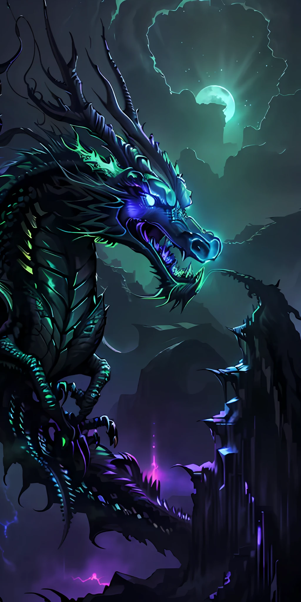 neon Green dragon:eldritch horror, ancient corrupted step pyramid:lonian, dark fantasy, dark atmosphere, eldritch horrors falling from sky, dark purple moonlit sky, angle from front, epic wide shot, wide-angle lens, masterpiece, corrupted celestial energy, looking at viewer, piercing death gaze, enraged face:psychotic, glowing celestial eyes, 1dragon=1.5, ((celestial feathers falling from sky)), ((bioluminescent)),vibrant lighting, ultrarealistic, award winning illustration, bioluminescent celestial eyes:evil aura neon