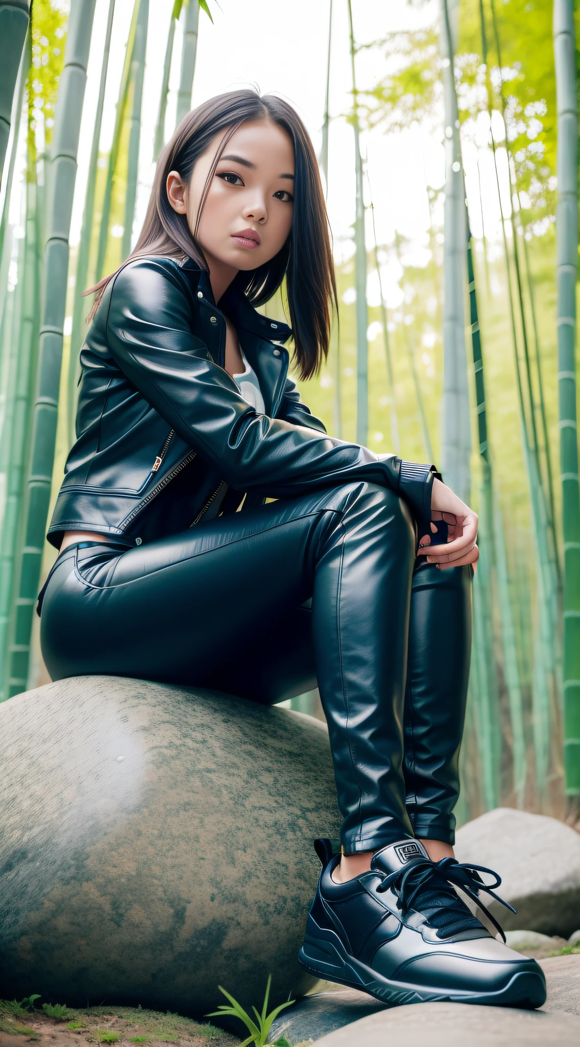 A girl wearing a tight leather jacket, leather pants, sneakers, sitting on a large stone in a bamboo forest, surrounded by water