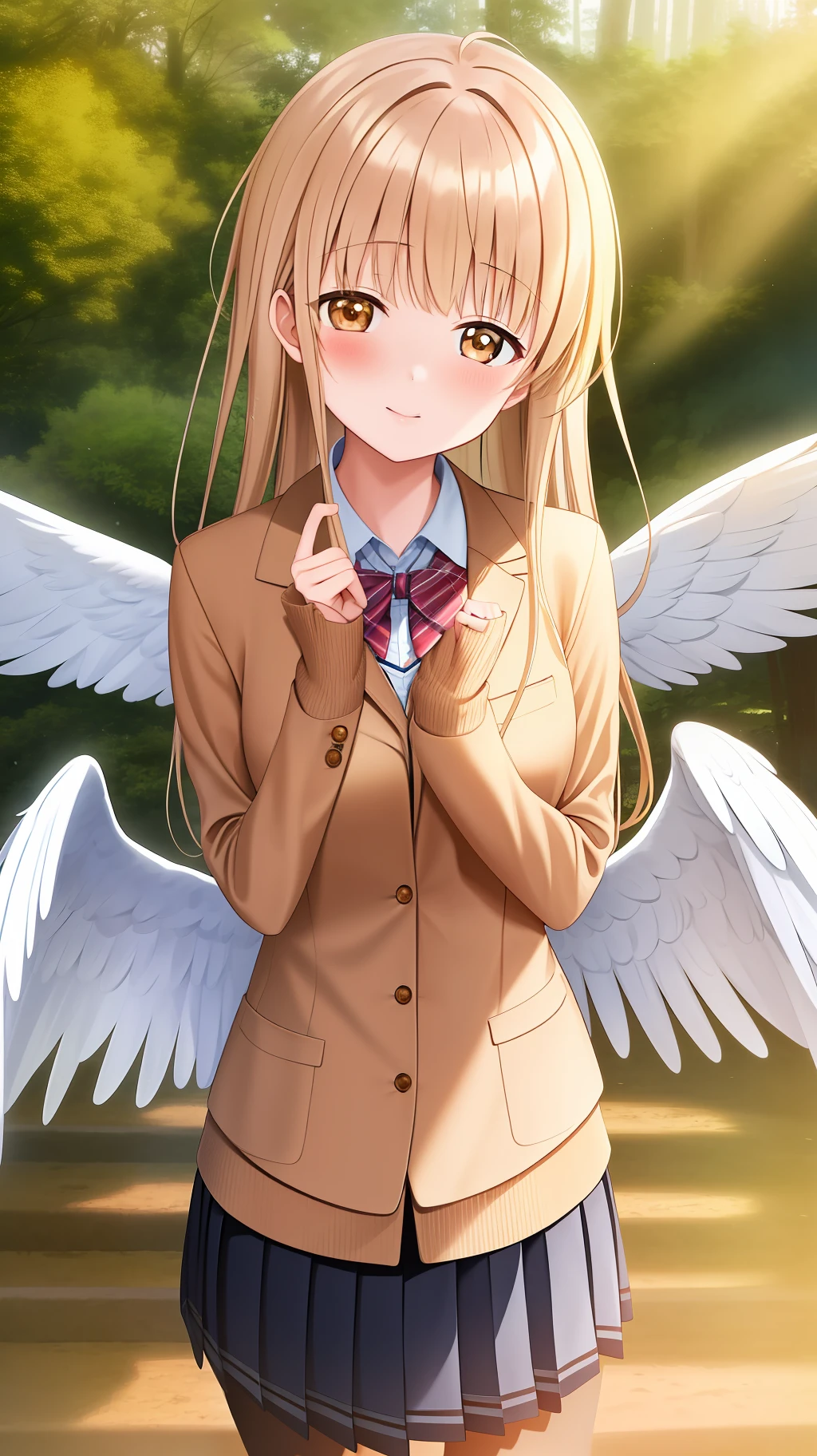 masterpiece, 1girl, Mahiru Shiina, school uniform, standing, looking at the viewer, with angel wings, forest background
Preparing