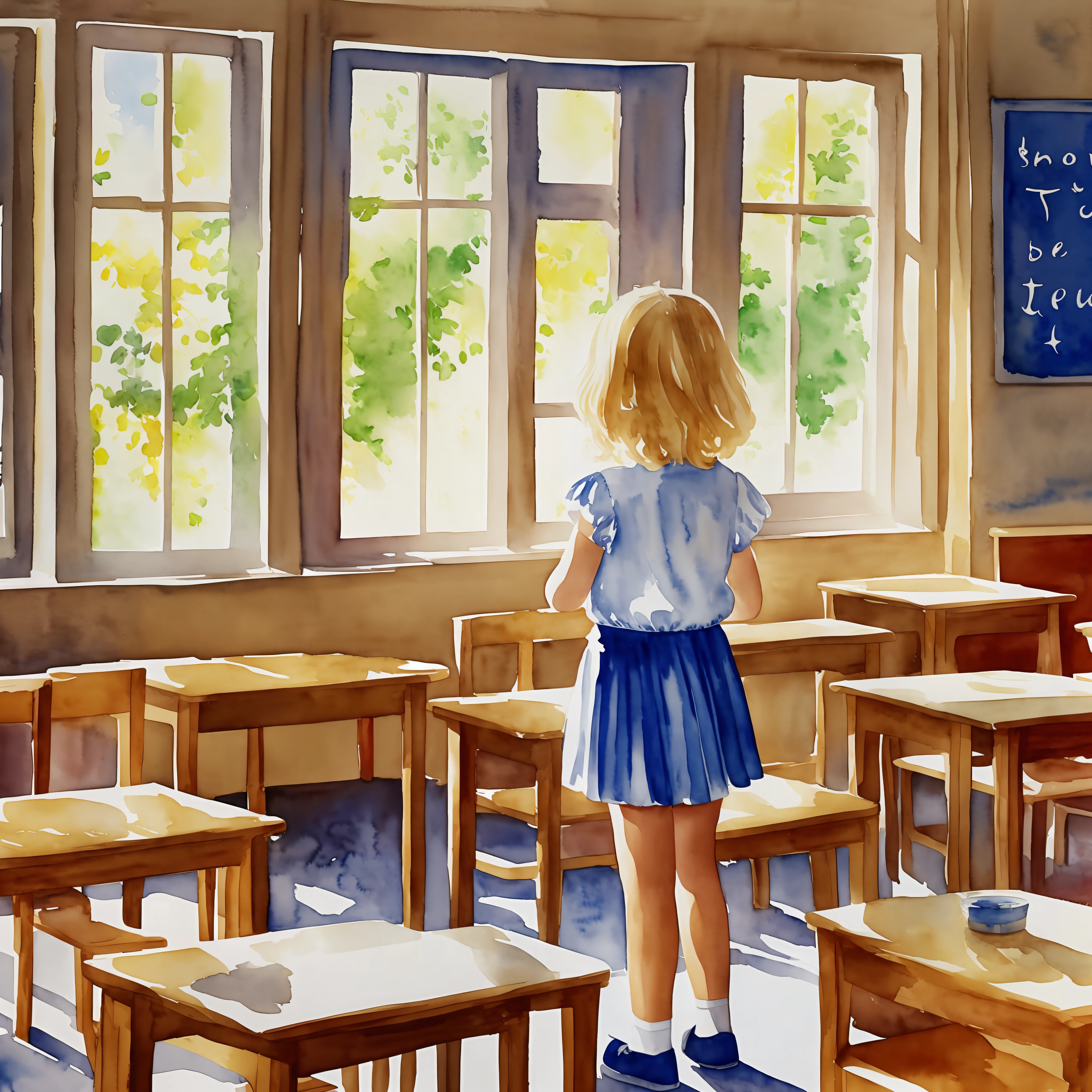 Watercolour. Detailed. A 5-year-old girl, blonde European, is in an old and beautiful classroom, she is wearing school uniform and it is her first day of school. The room has large windows and illuminated by sunlight, shade, colorful --auto --s2