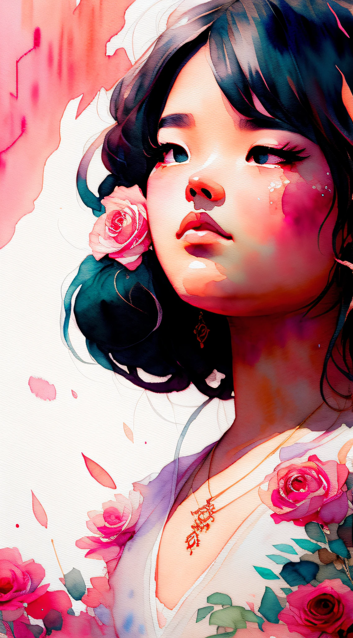 wtrcolor style, (rose) digital art, official art, drifting in the wind, masterpiece, beautiful, ((watercolor)), paint splash, intricate details. Very detailed, [dripping:0.7], trends on Artstation, Rachel Walker, Chinese woman, single eyelids, small eyes, soft looks. Behind it is the Eiffel Tower in Paris.