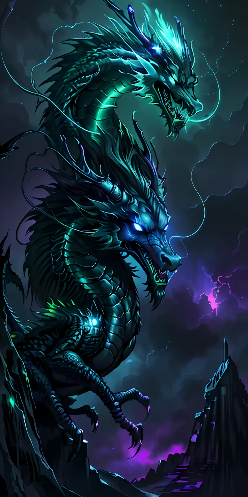 neon Green dragon:eldritch horror, ancient corrupted step pyramid:babylonian, dark fantasy, dark atmosphere, eldritch horrors falling from sky, dark purple moonlit sky, angle from front, epic wide shot, wide-angle lens, masterpiece, corrupted celestial energy, looking at viewer, piercing death gaze, enraged face:psychotic, glowing celestial eyes, 1dragon=1.5, ((celestial feathers falling from sky)), ((bioluminescent)),vibrant lighting, ultrarealistic, award winning illustration, bioluminescent celestial eyes:evil aura neon