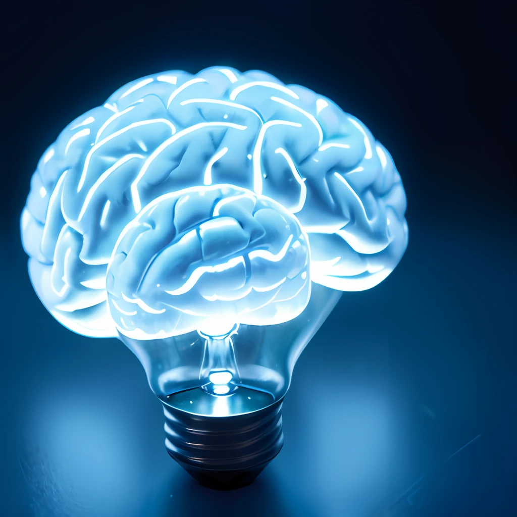 A brain, connected to a nanochip inside a light bulb, artificial intelligence
