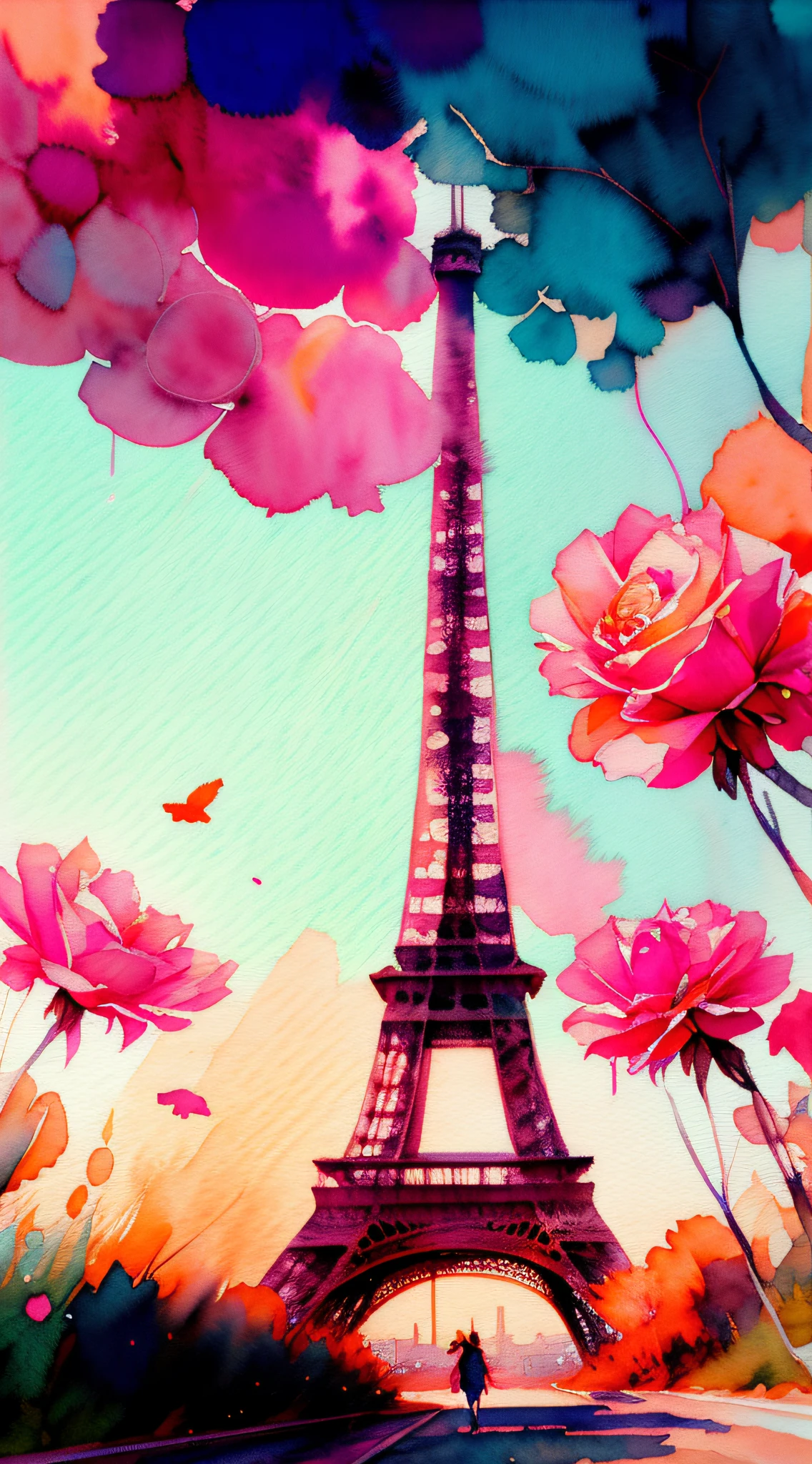 wtrcolor style, (rose) digital art, official art, drifting in the wind, masterpiece, beautiful, ((watercolor)), paint splash, intricate details. Very detailed, [dripping:0.7], trends on Artstation, Rachel Walker, Chinese woman, single eyelids, small eyes, soft looks. Behind it is the Eiffel Tower in Paris.