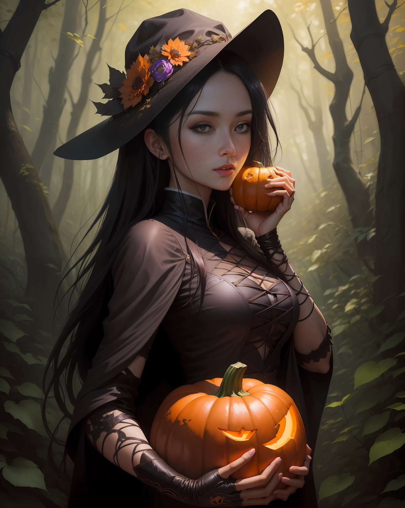 a close up of a woman holding a pumpkin in a forest, guweiz, by Yang J, extremely detailed artgerm, wlop | artgerm, halloween art style, gothic maiden anime girl, guweiz on artstation pixiv, artwork in the style of guweiz, artgerm and rossdraws