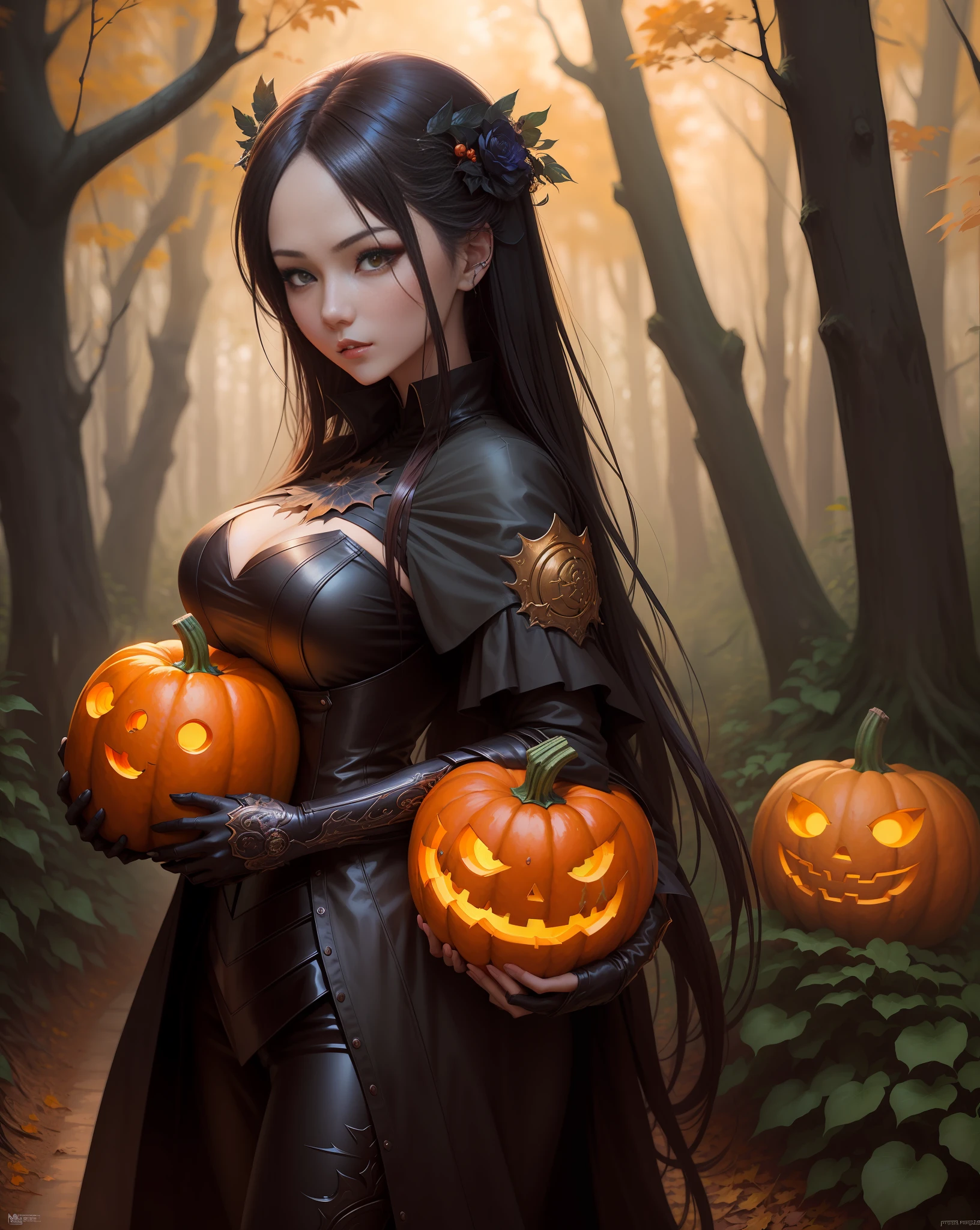 a close up of a woman holding a pumpkin in a forest, guweiz, by Yang J, extremely detailed artgerm, wlop | artgerm, halloween art style, gothic maiden anime girl, guweiz on artstation pixiv, artwork in the style of guweiz, artgerm and rossdraws