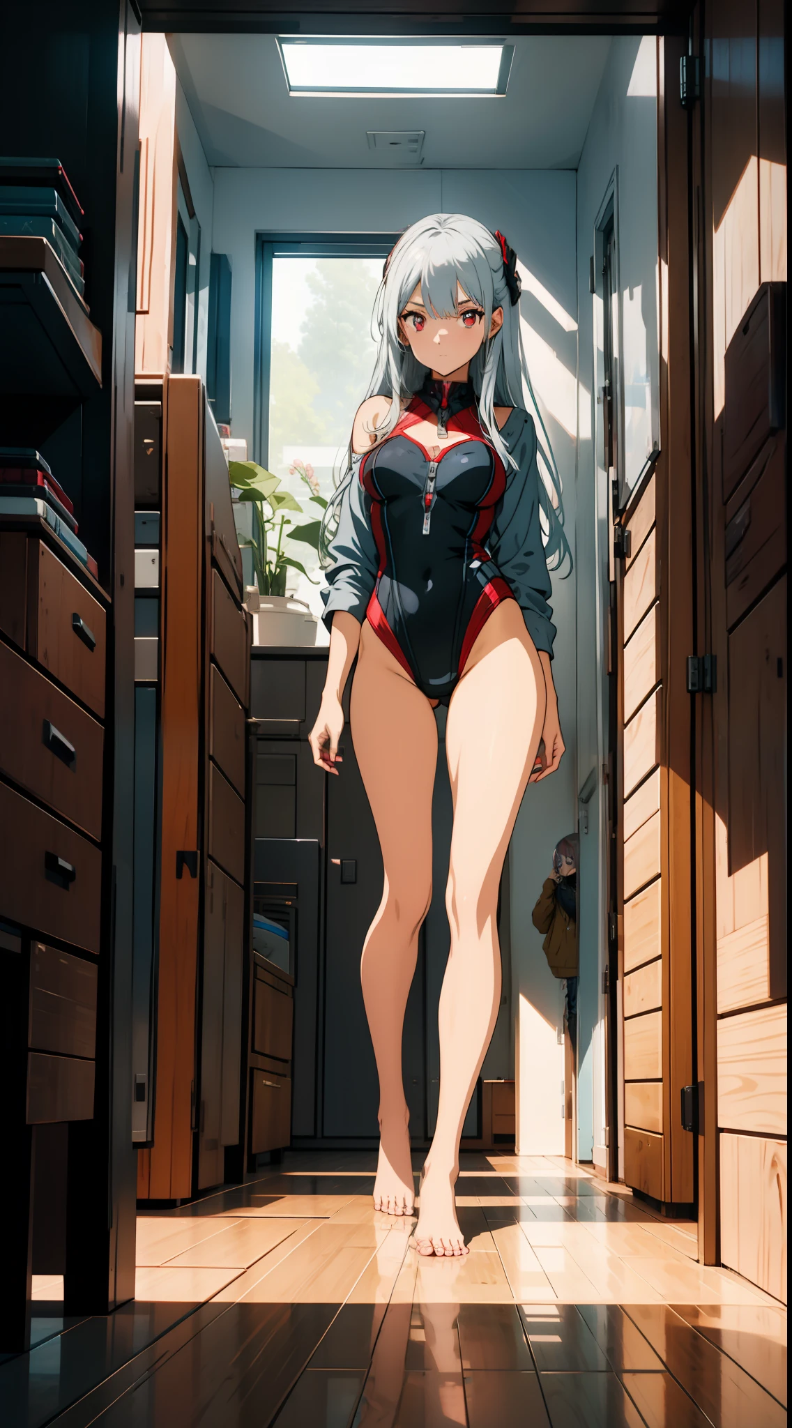Close up portrait of one girl, silver hair, red eyes, swimsuit, indoors, posing, concept art, official art