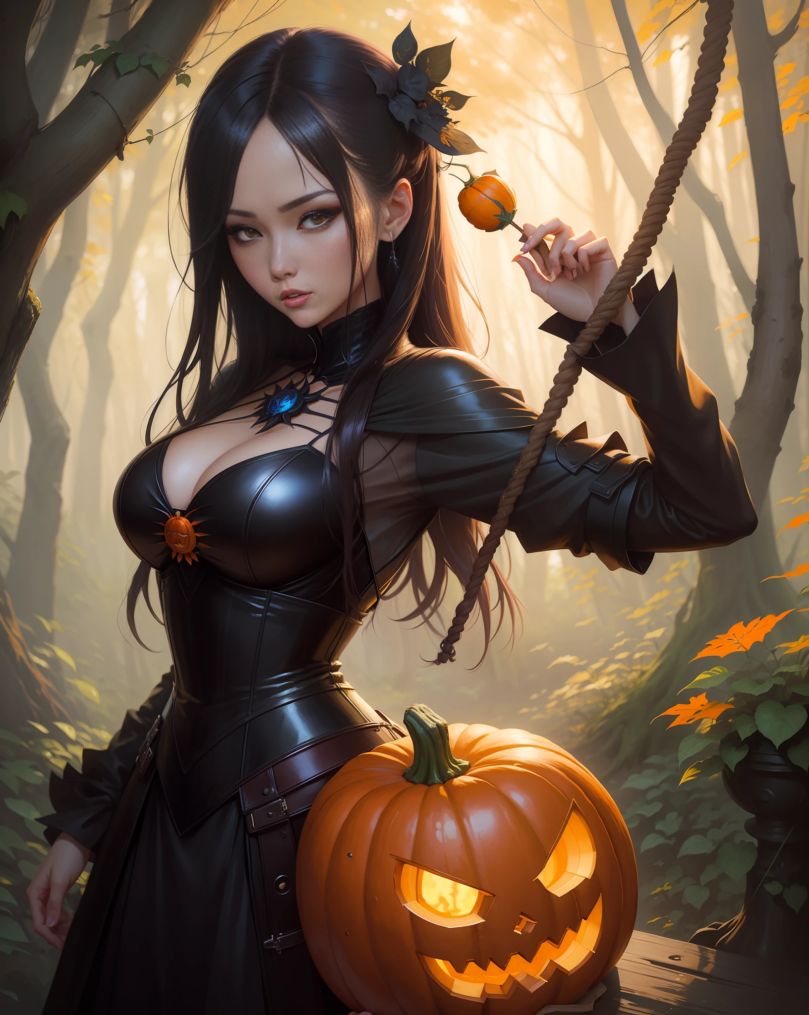 a close up of a woman holding a pumpkin in a forest, guweiz, by Yang J, extremely detailed artgerm, wlop | artgerm, halloween art style, gothic maiden anime girl, guweiz on artstation pixiv, artwork in the style of guweiz, artgerm and rossdraws