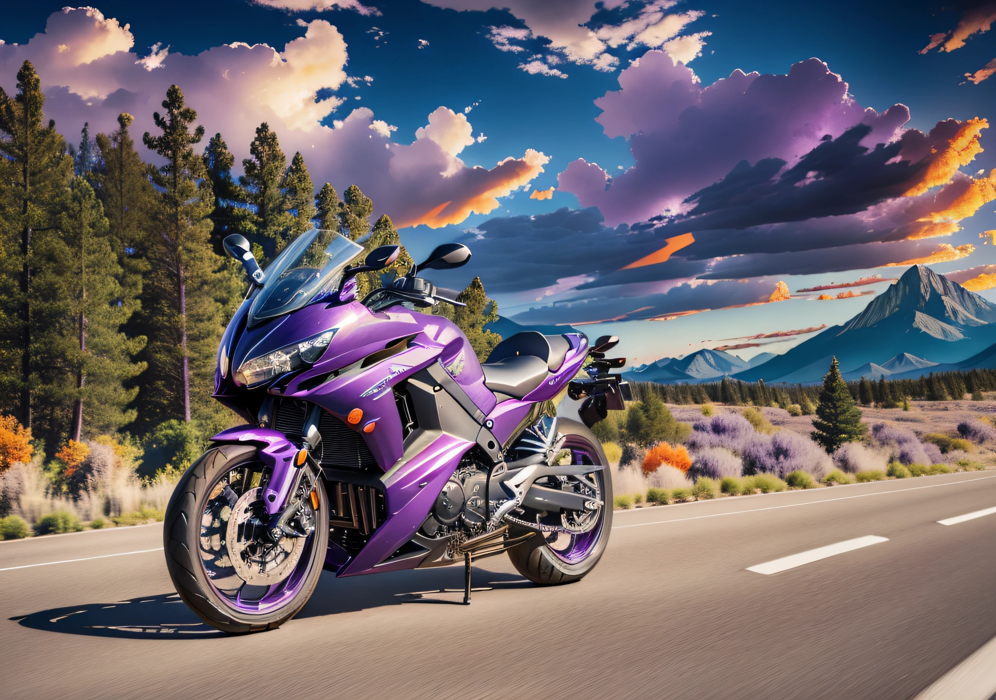 A motorcycle 600 displacement with purple color with large futuristic style exhaust, United States road image background, sky with orange clouds, sunlight effect, surrounded by mountains, super detailed, HDR effect, 64K, refined artwork